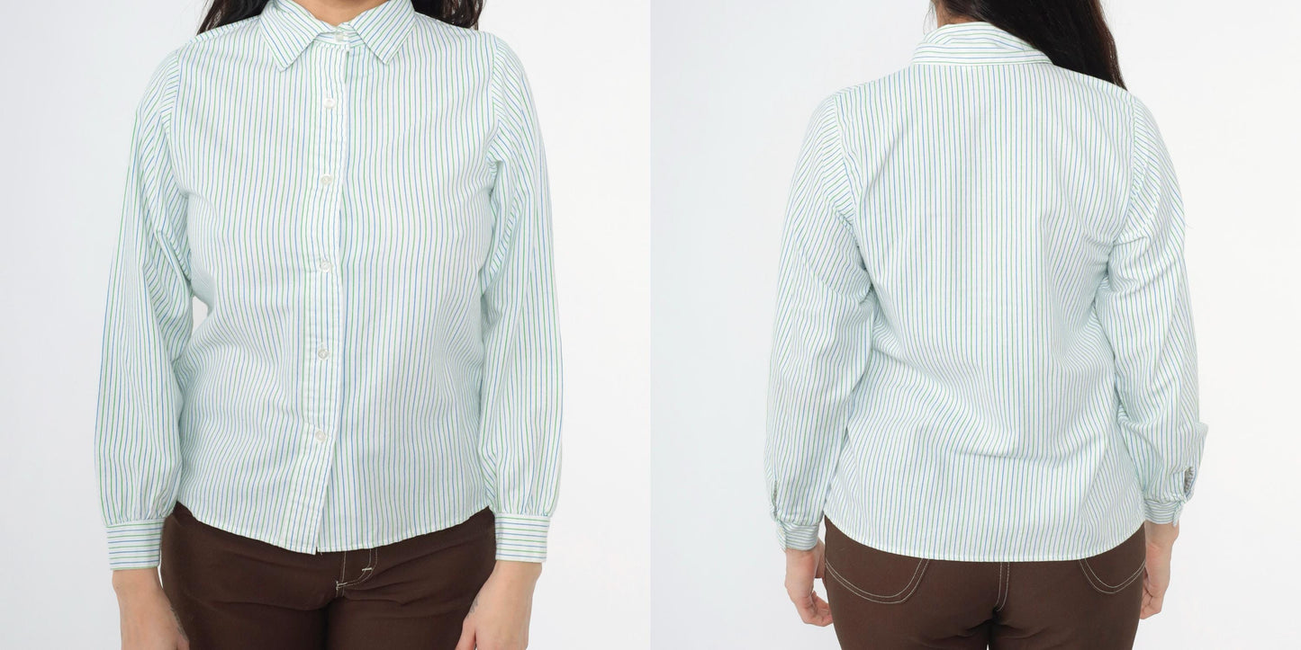 80s Girl Scouts Striped Button-Up Blouse White Blue Green Long Sleeve Small