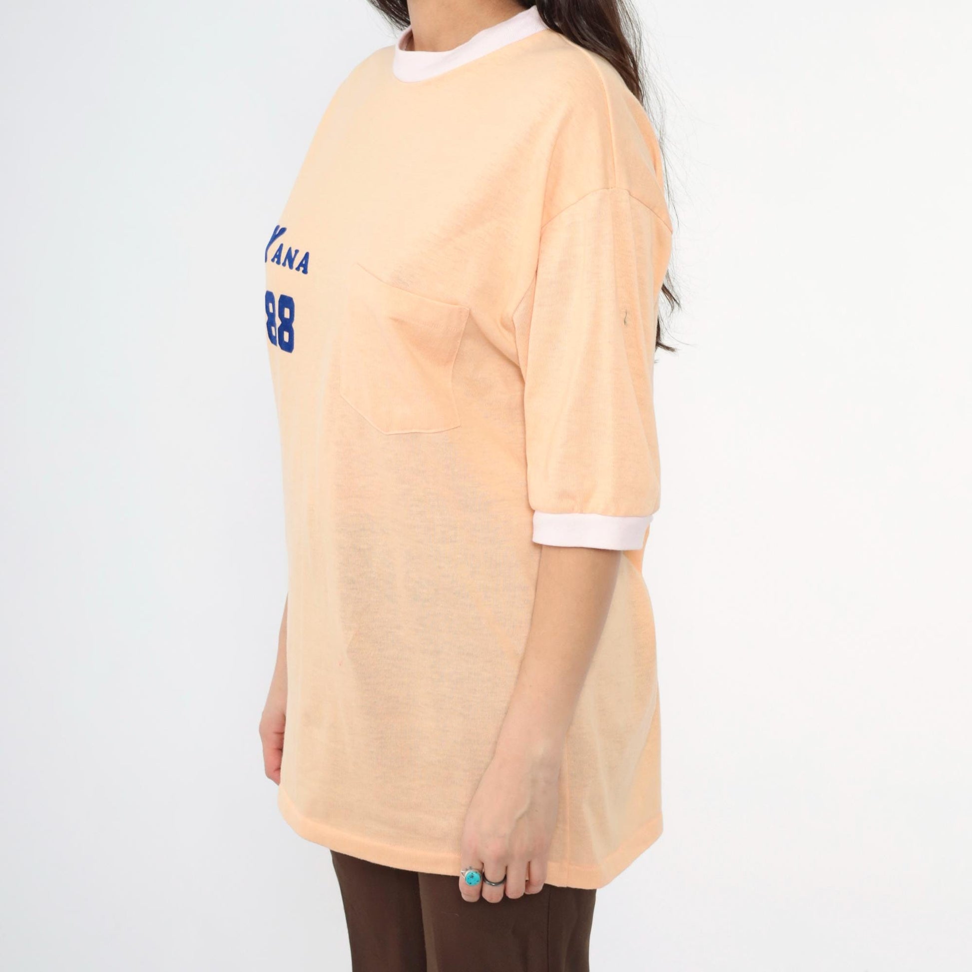 80s Guyana 1988 Peach Ringer T-Shirt Flocked Navy Graphic Tee Large