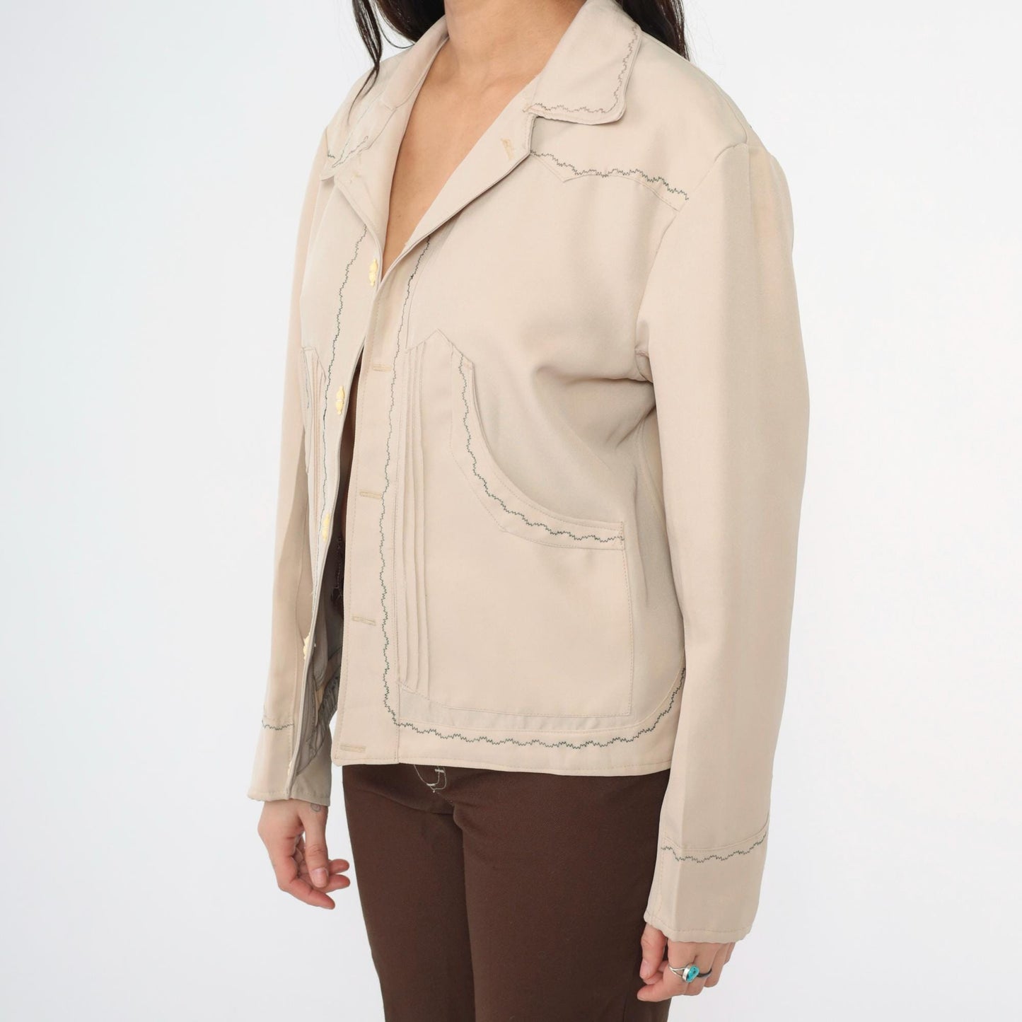 70s Western Jacket Beige Embroidered Horse Toggle Button Menswear Large