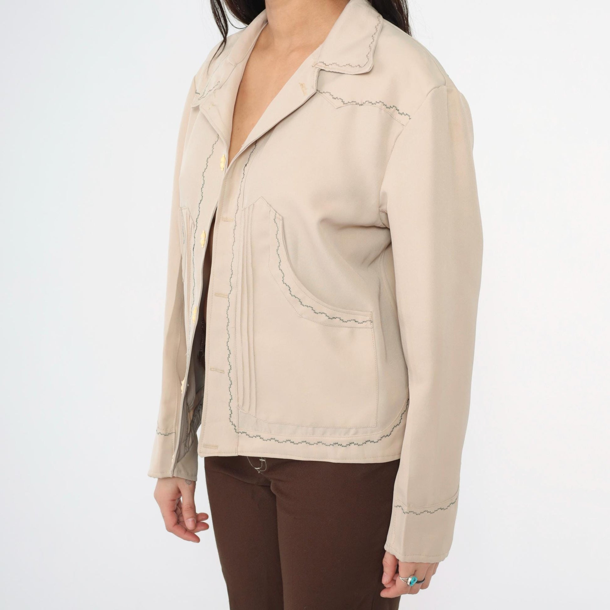 70s Western Jacket Beige Embroidered Horse Toggle Button Menswear Large