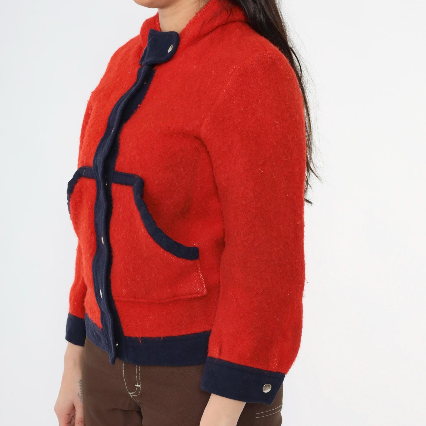 1970s Red Wool Hooded Jacket Navy Contrast Trim Snap Front Cropped Extra Small