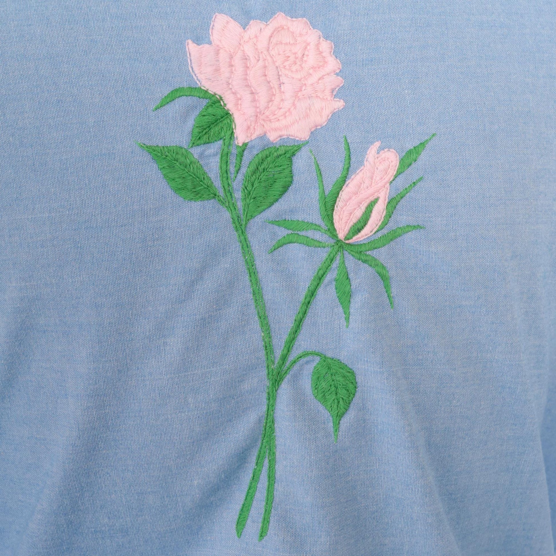 80s Blue Floral Embroidered Blouse Puff Sleeve Button-Up Pink Roses Medium