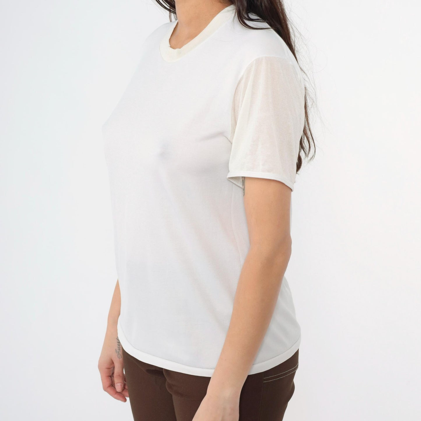 80s Quiana Nylon Blend Plain White Crew Neck T-Shirt Size 40