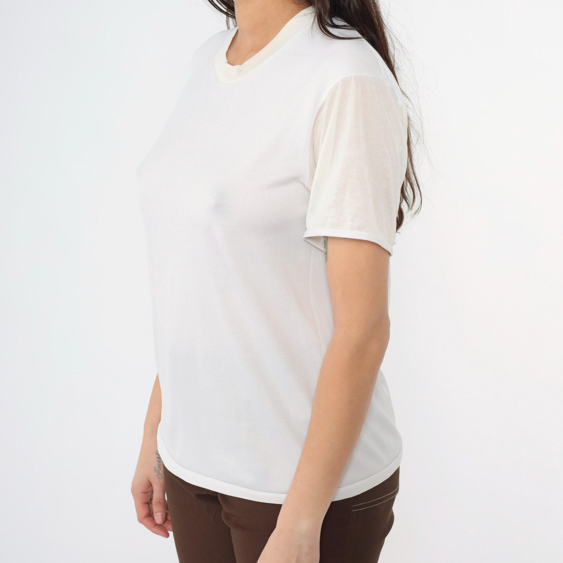 80s Quiana Nylon Blend Plain White Crew Neck T-Shirt Size 40