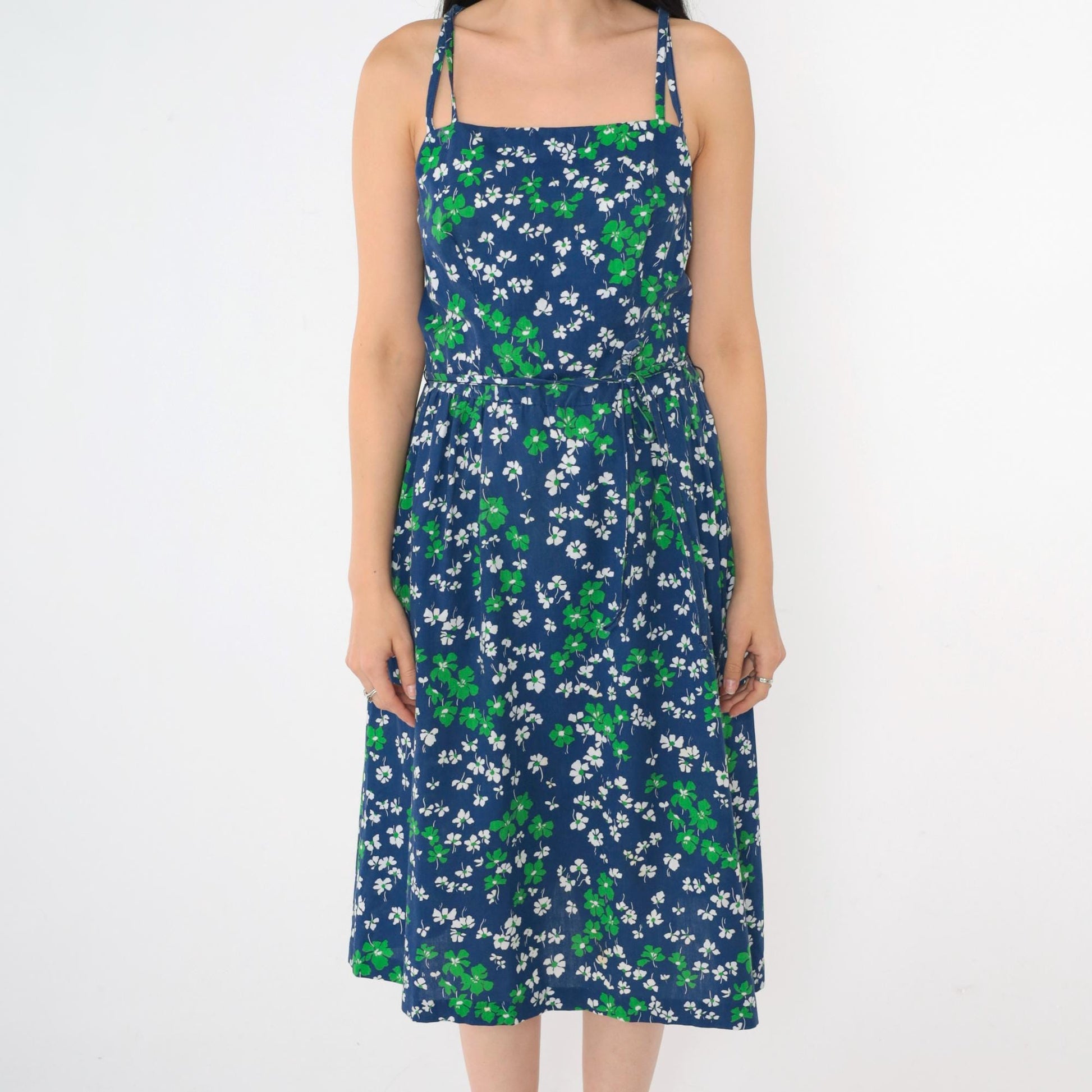 70s Blue Floral Midi Sundress Smocked High Waist Spaghetti Straps Medium