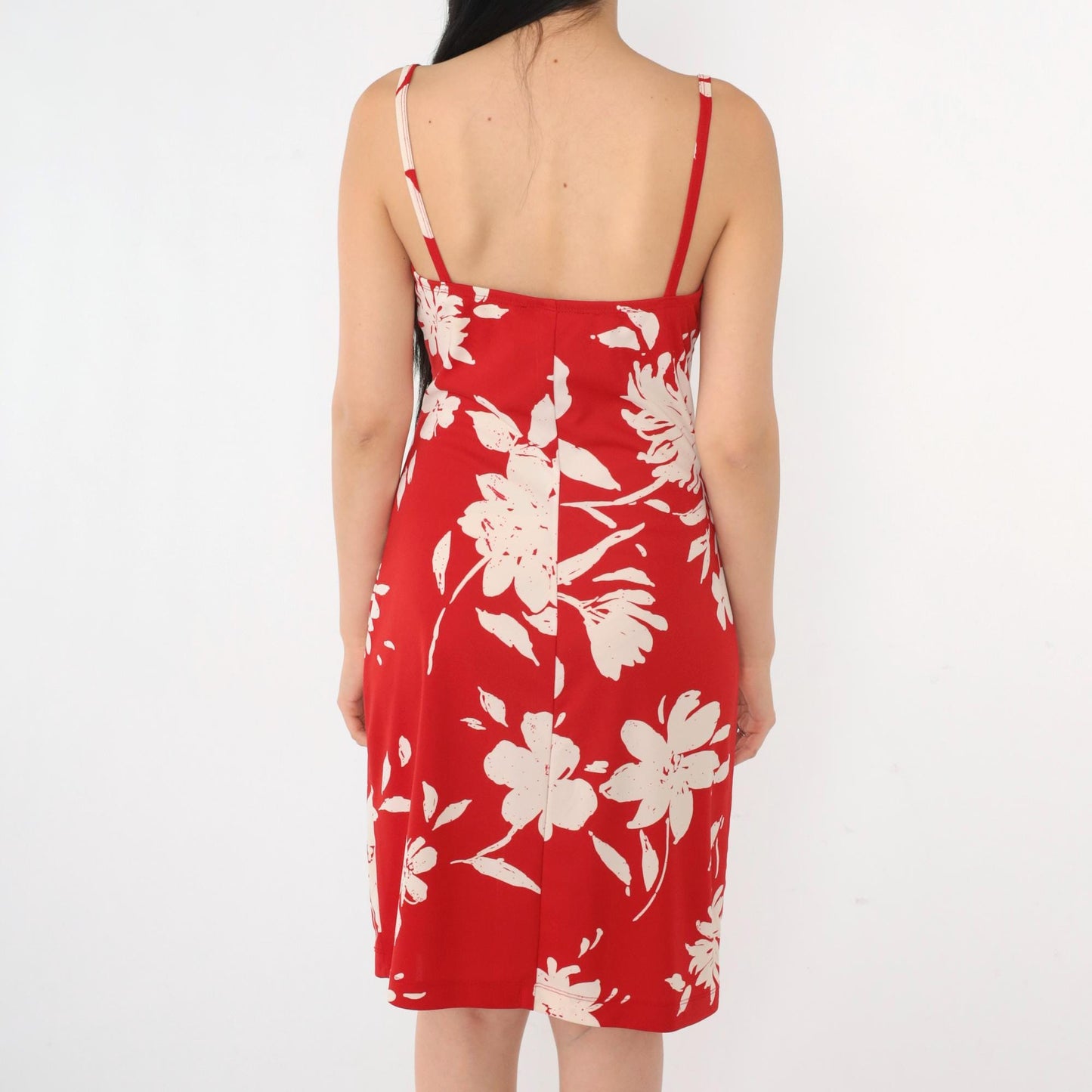 Y2K Red Floral Midi Dress Cowl Neck Lace Bust Spaghetti Strap Small