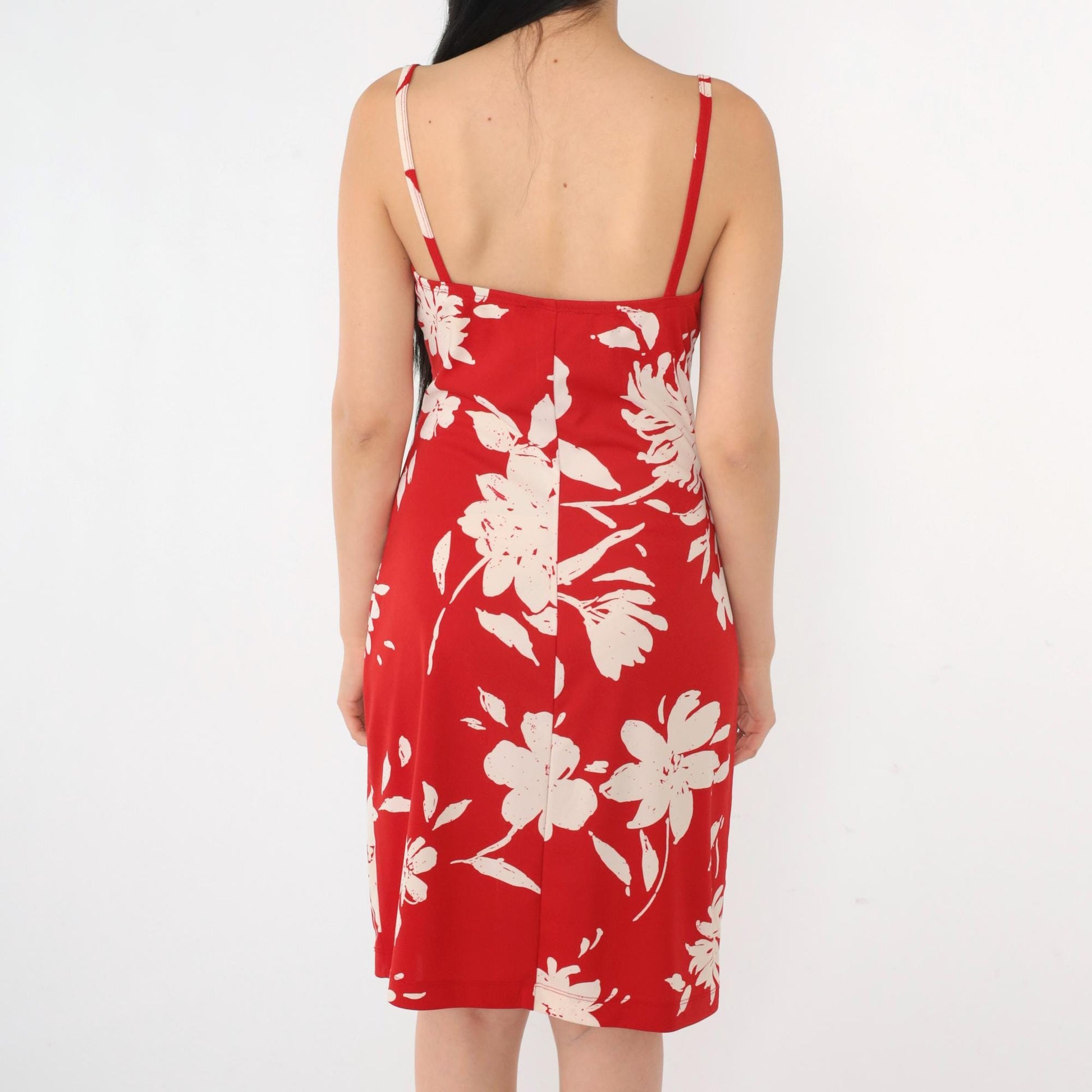 Y2K Red Floral Midi Dress Cowl Neck Lace Bust Spaghetti Strap Small