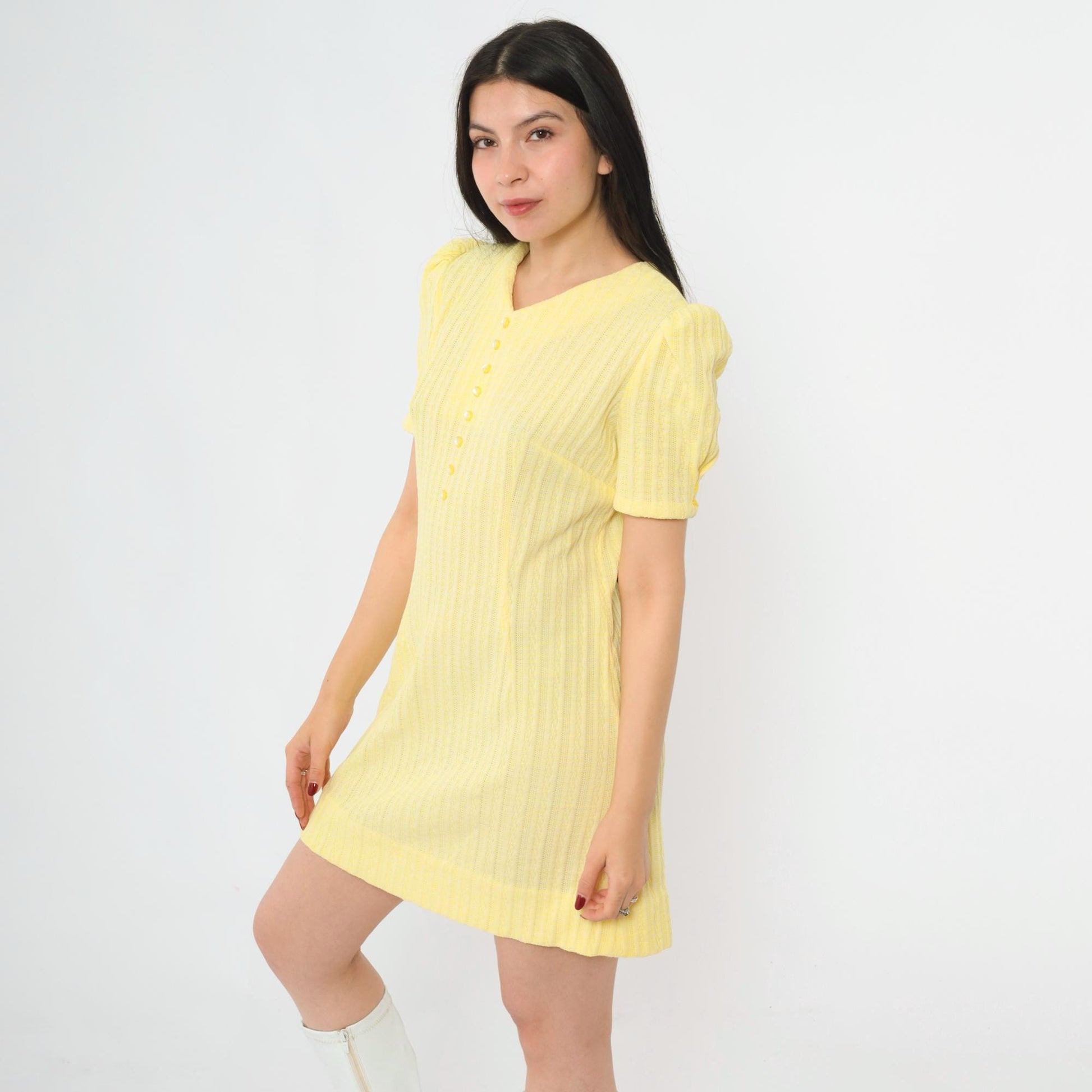 60s Yellow Ribbed Knit Mini Dress Puff Sleeve Shift Small Medium