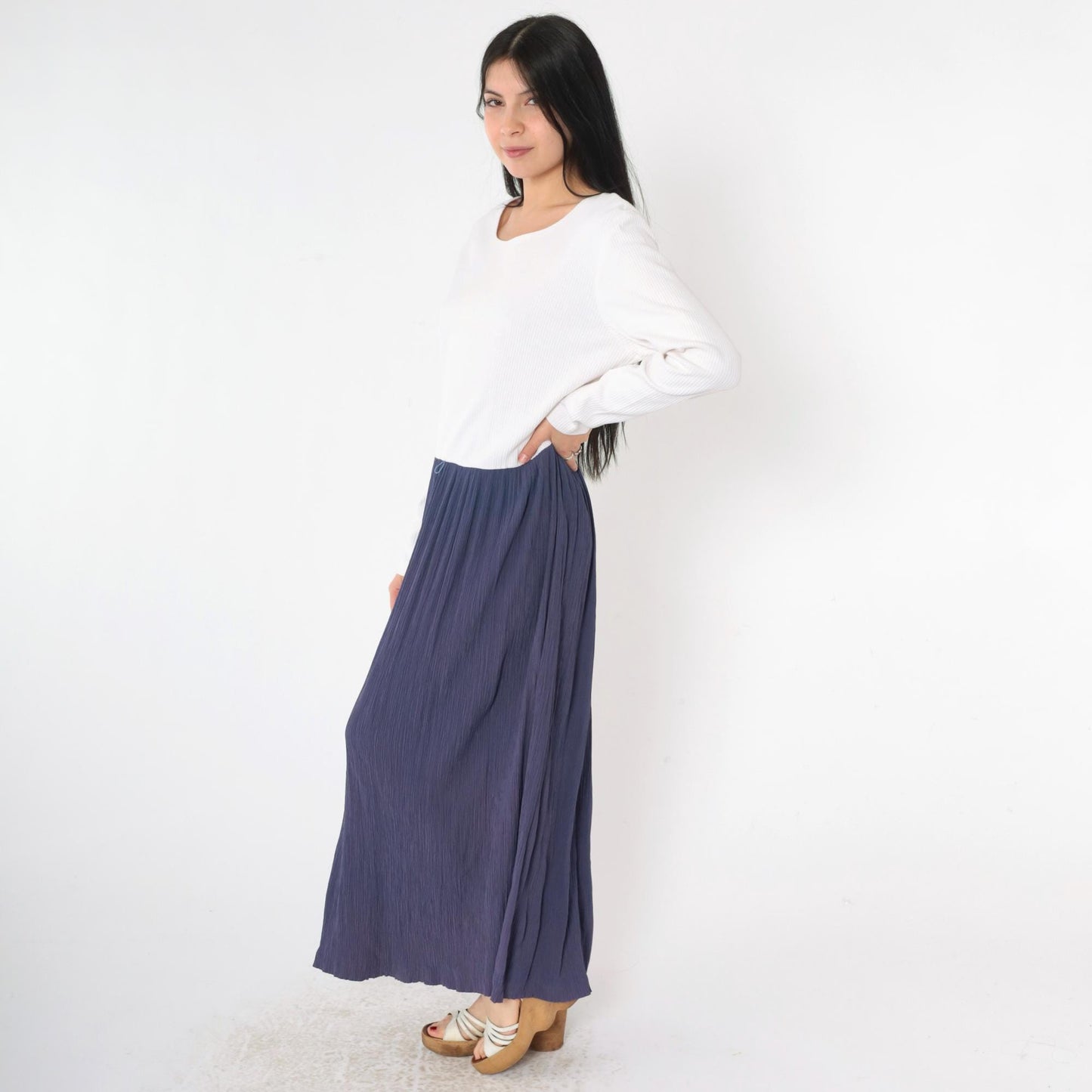 90s Two Tone Maxi Dress Blue White Long Sleeve Low Waist Large 12