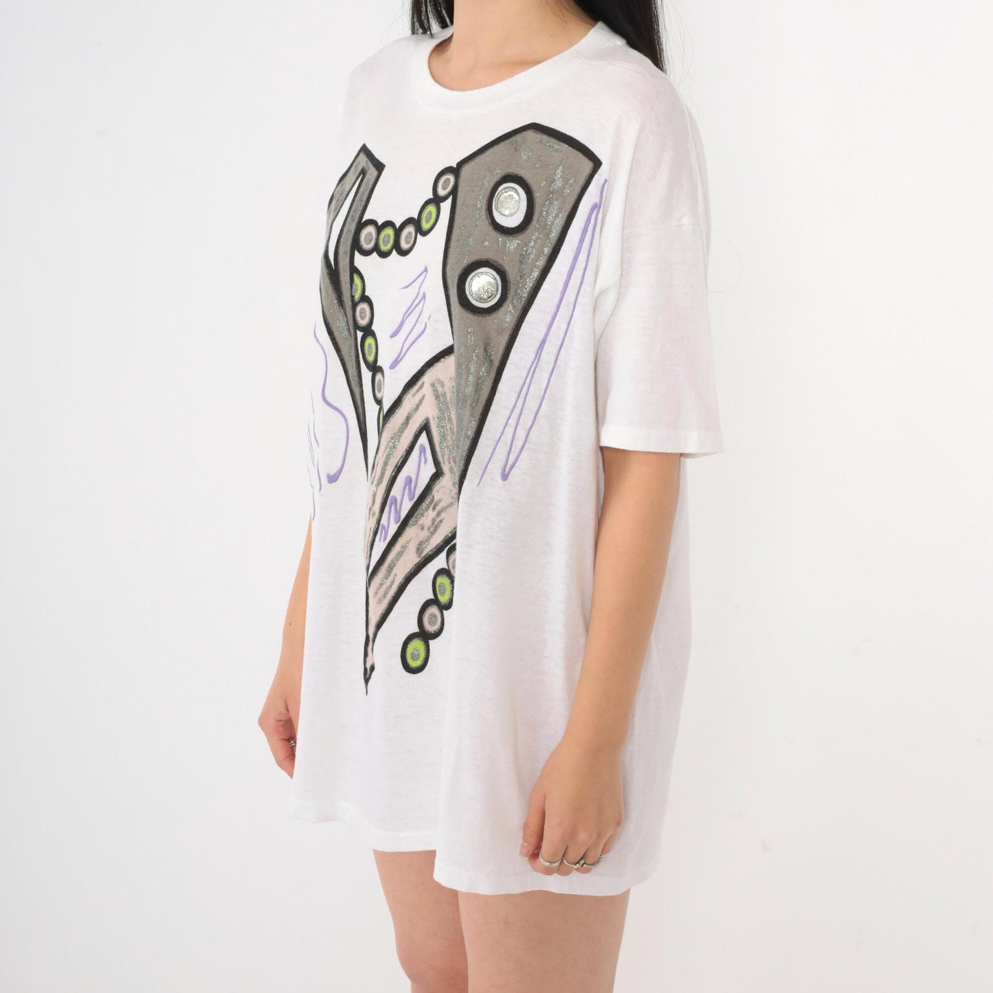 90s Abstract Geometric Glitter Paint T-Shirt White Single Stitch Large L