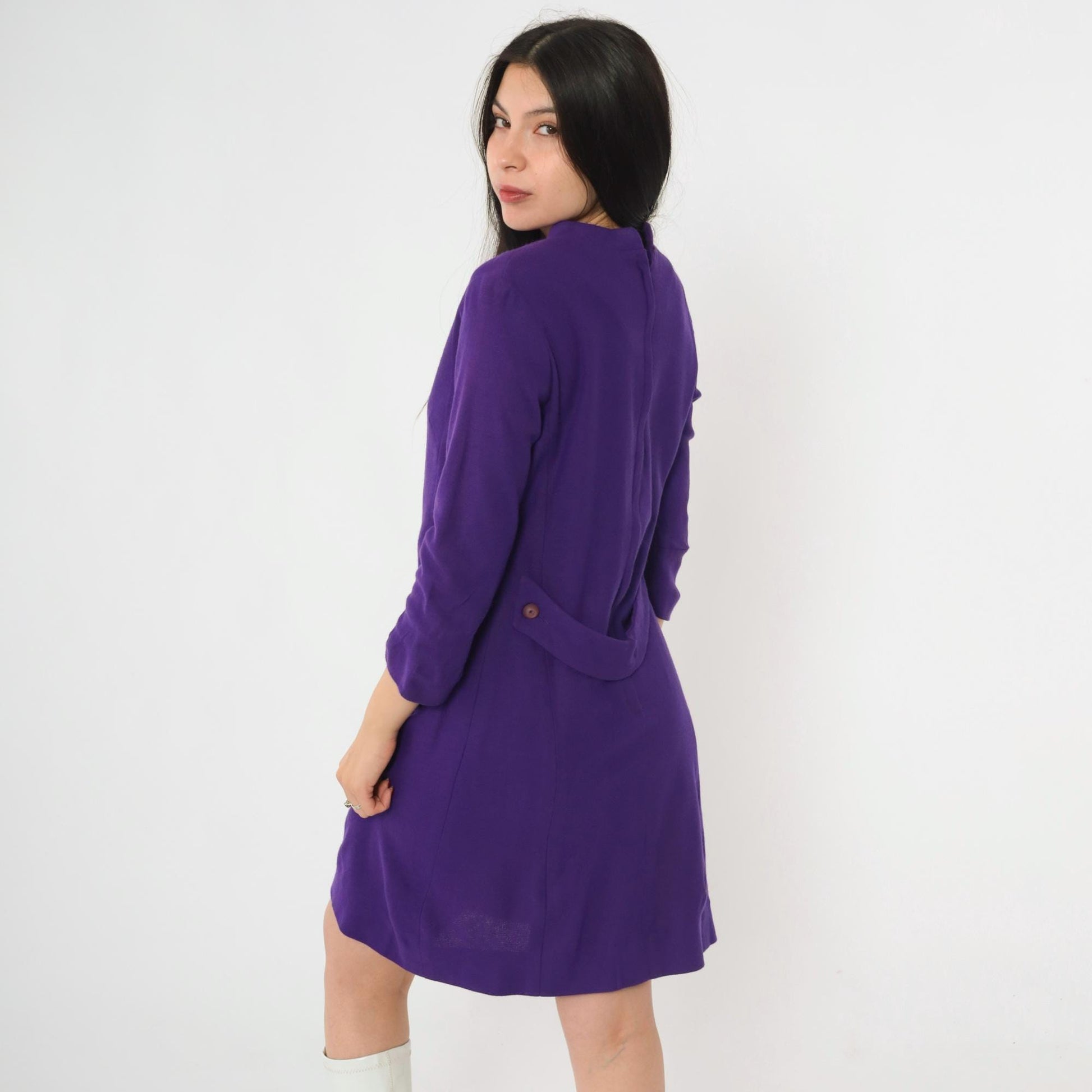 60s Purple Wool Shift Dress Bow Neck Mini 3/4 Sleeve Small