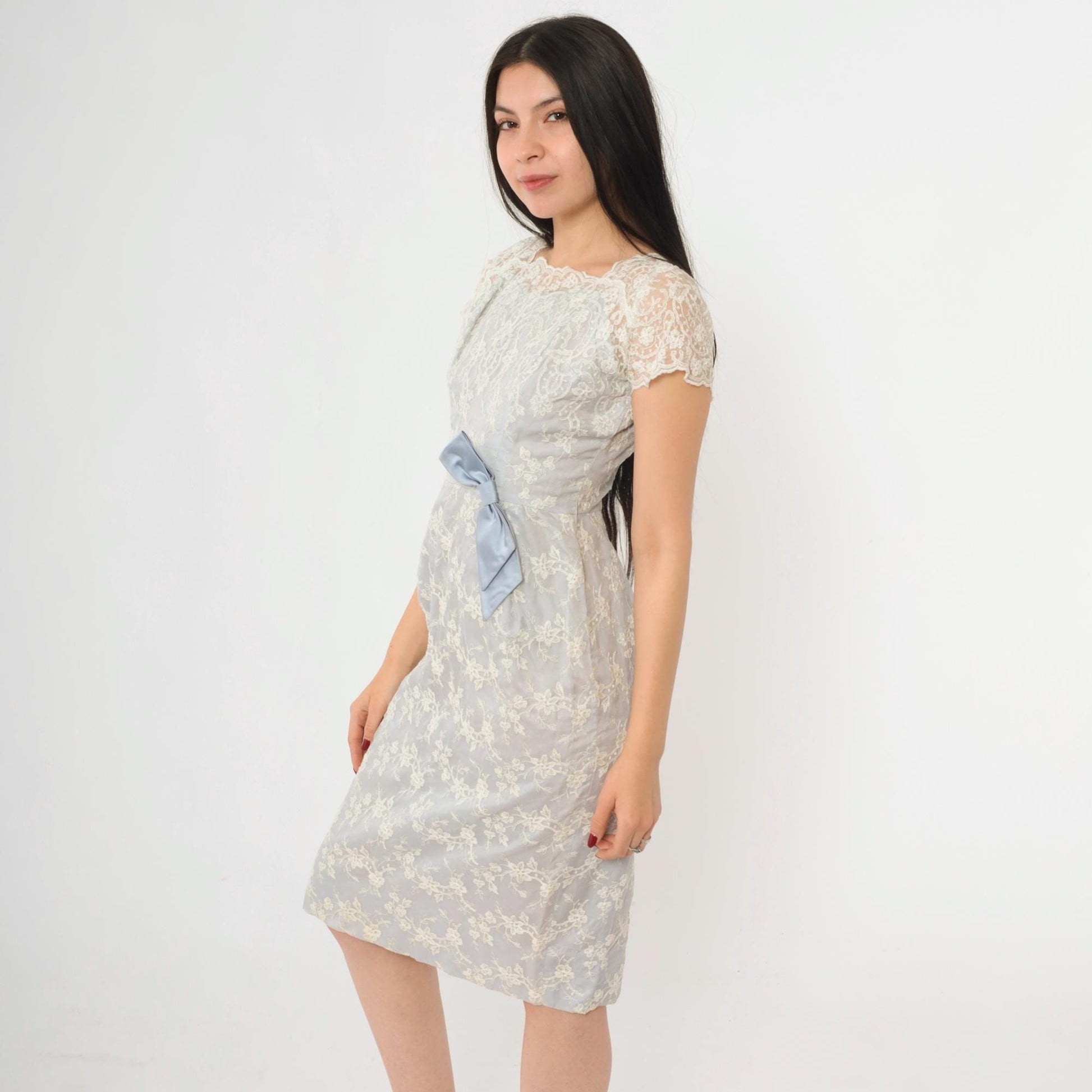 1950s Blue Lace Midi Dress Scalloped Cap Sleeve Satin Bow Extra Small XS