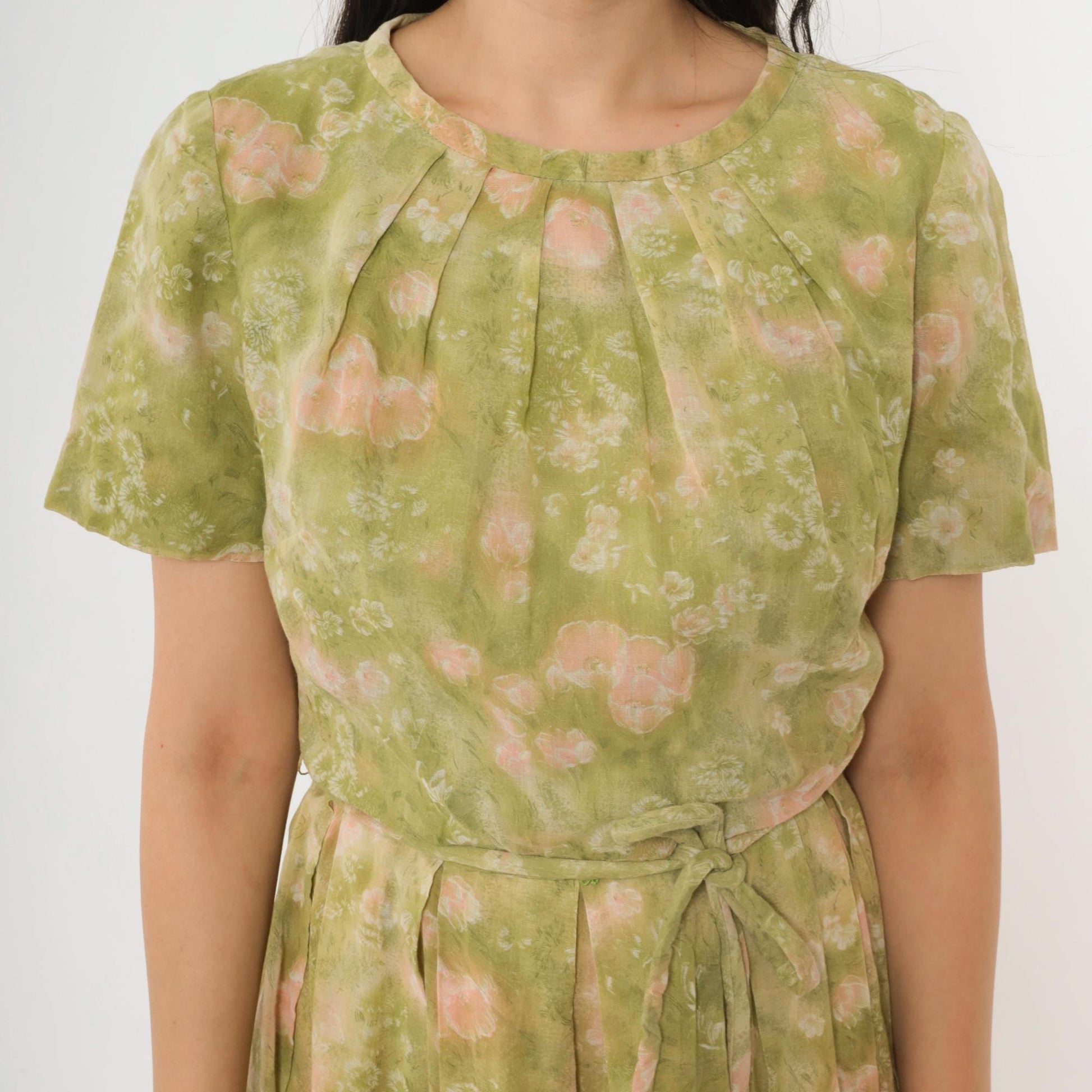 1960s Jean Lang Floral Pleated Day Dress Green Pink Knee-Length Small