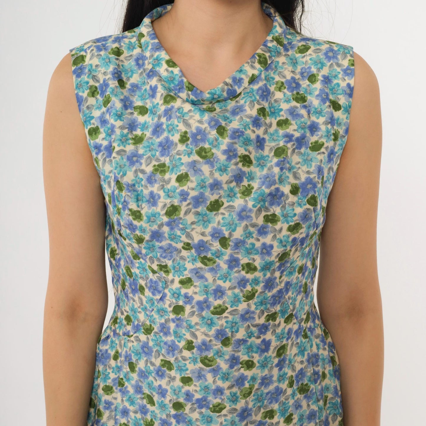1960s Blue Green Floral Silk Sheath Dress Sleeveless Knee Length Extra Small