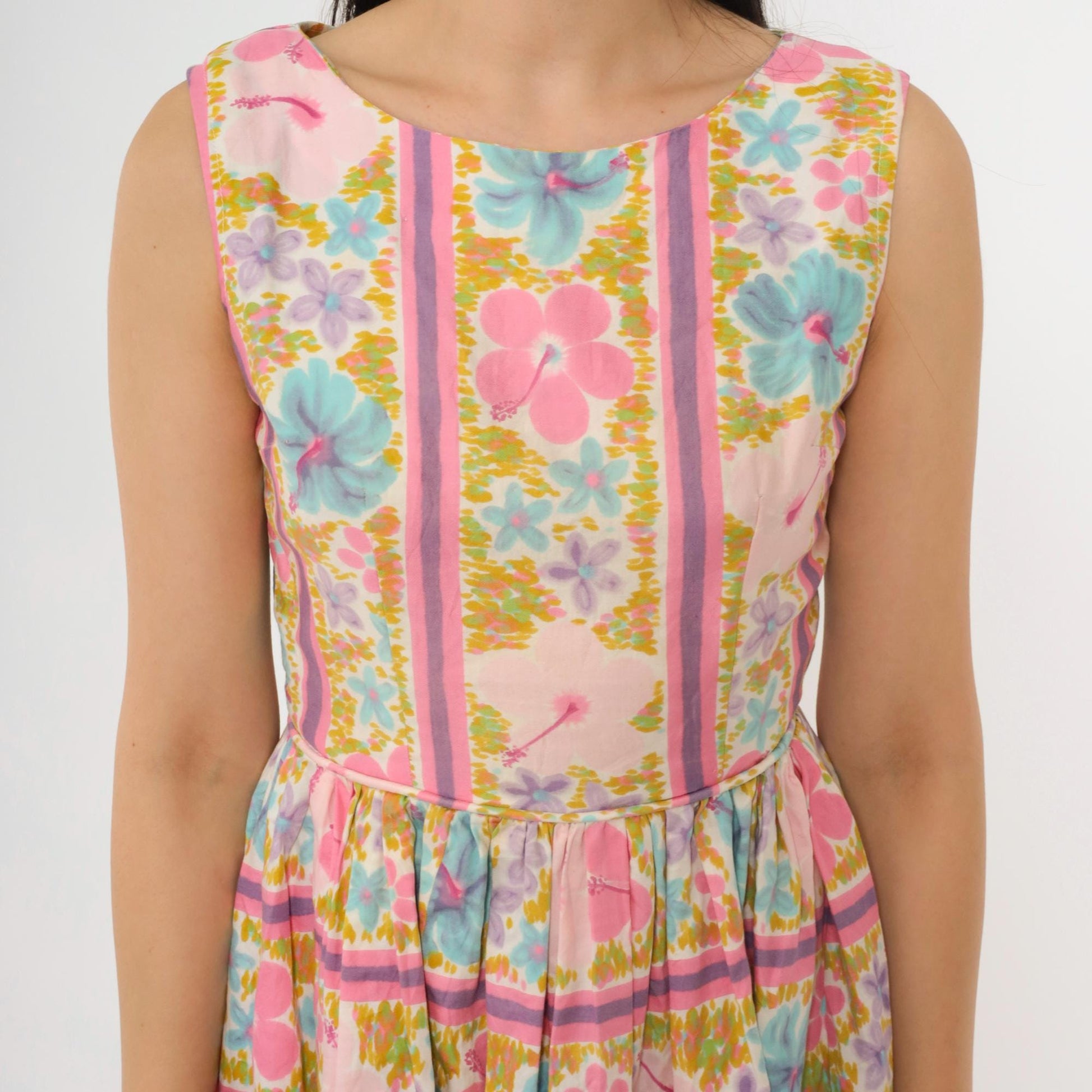 1960s Tropical Floral Mini Dress Pink Blue High Waist Sleeveless Extra Small