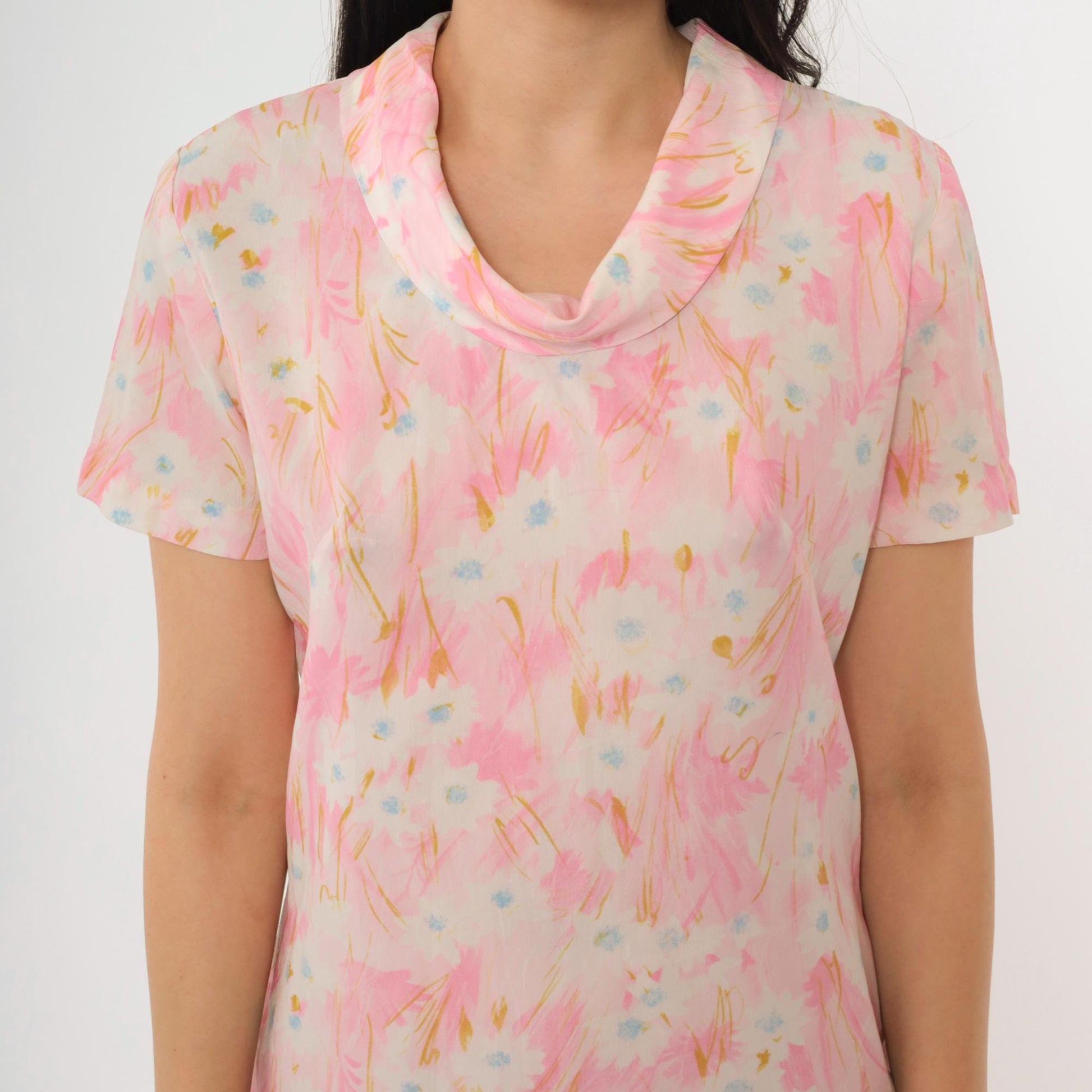 60s Pink Abstract Floral Shift Dress Cowl Neck Short Sleeve Small