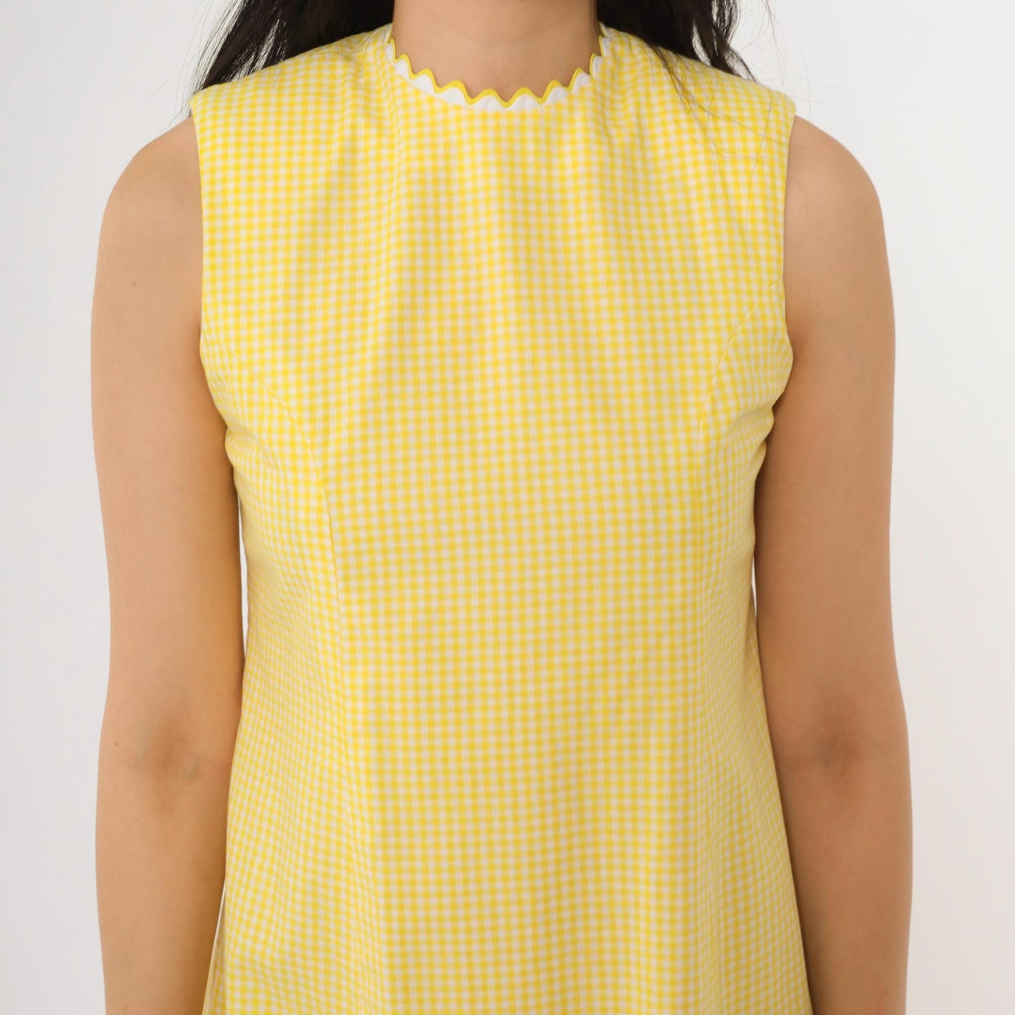 60s Yellow Gingham Sleeveless Dress Ric Rac Trim High Neck A-Line Knee Extra Small