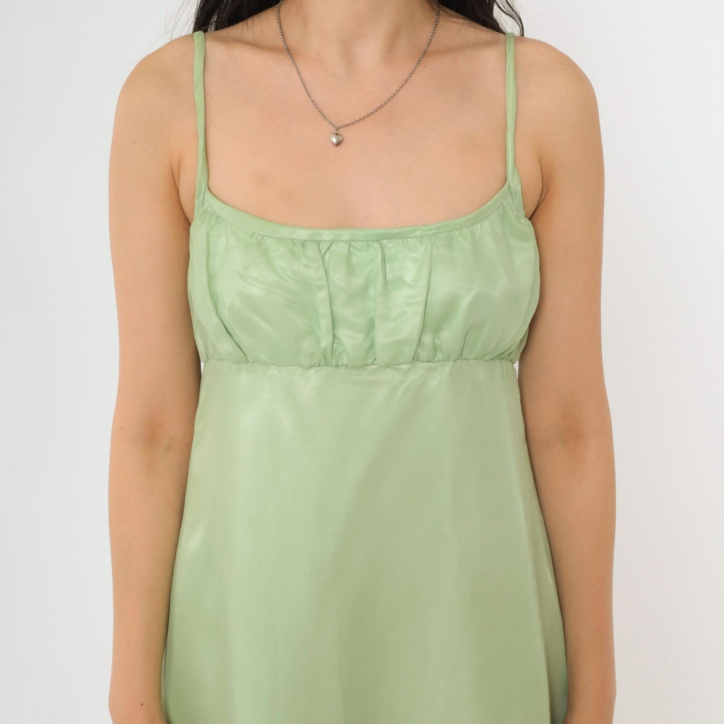 70s Light Green Empire Waist Maxi Dress Organdy Spaghetti Strap Formal Gown XS