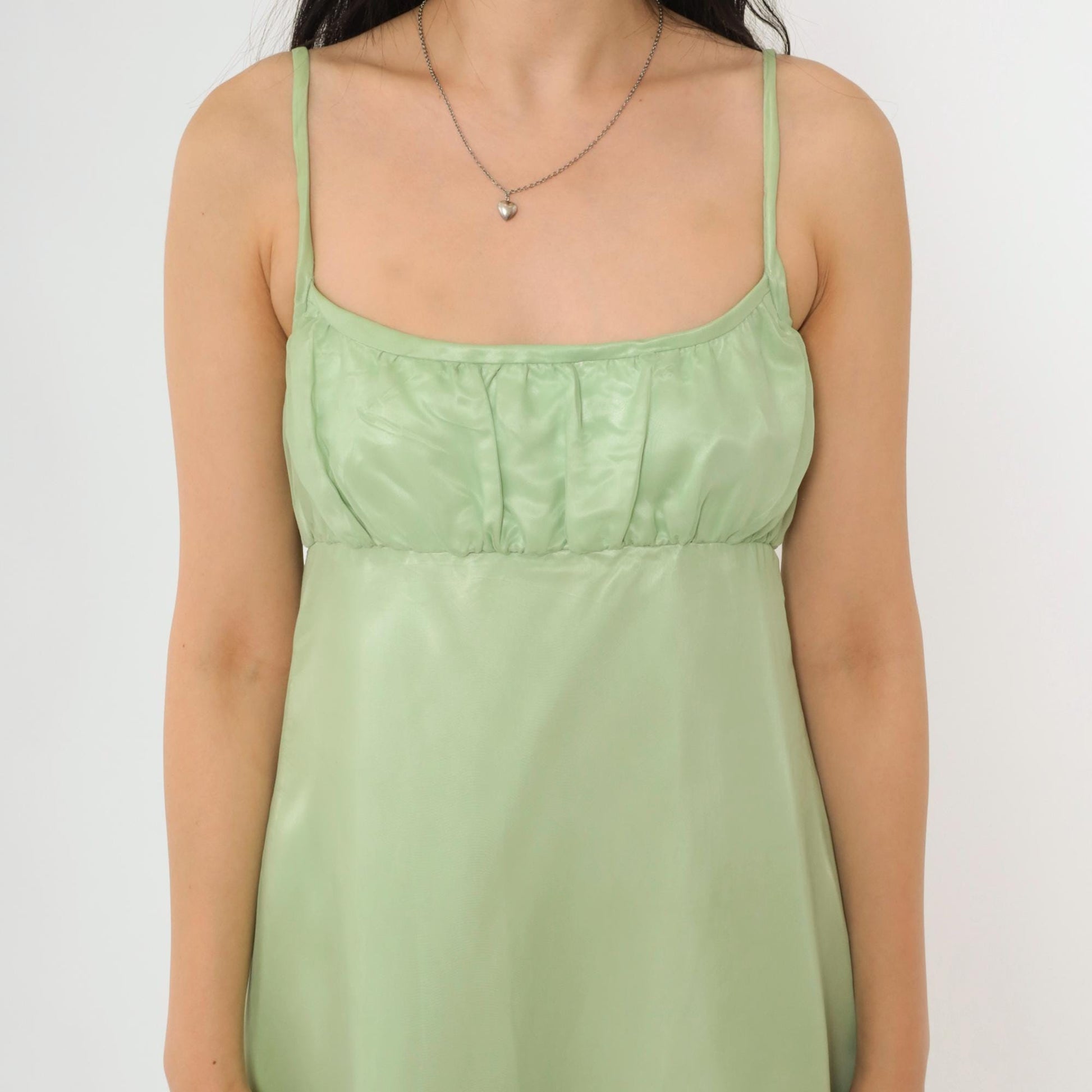 70s Light Green Empire Waist Maxi Dress Organdy Spaghetti Strap Formal Gown XS