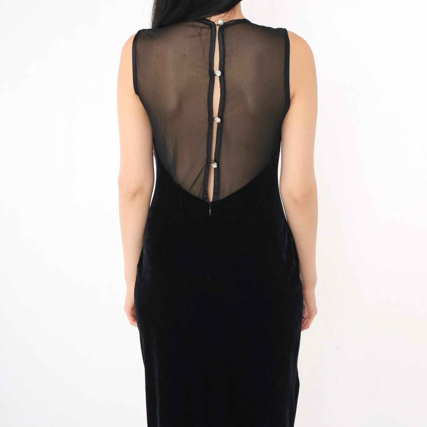90s Jessica Howard Black Velvet Maxi Dress Sheer Mesh Back Rhinestone Small
