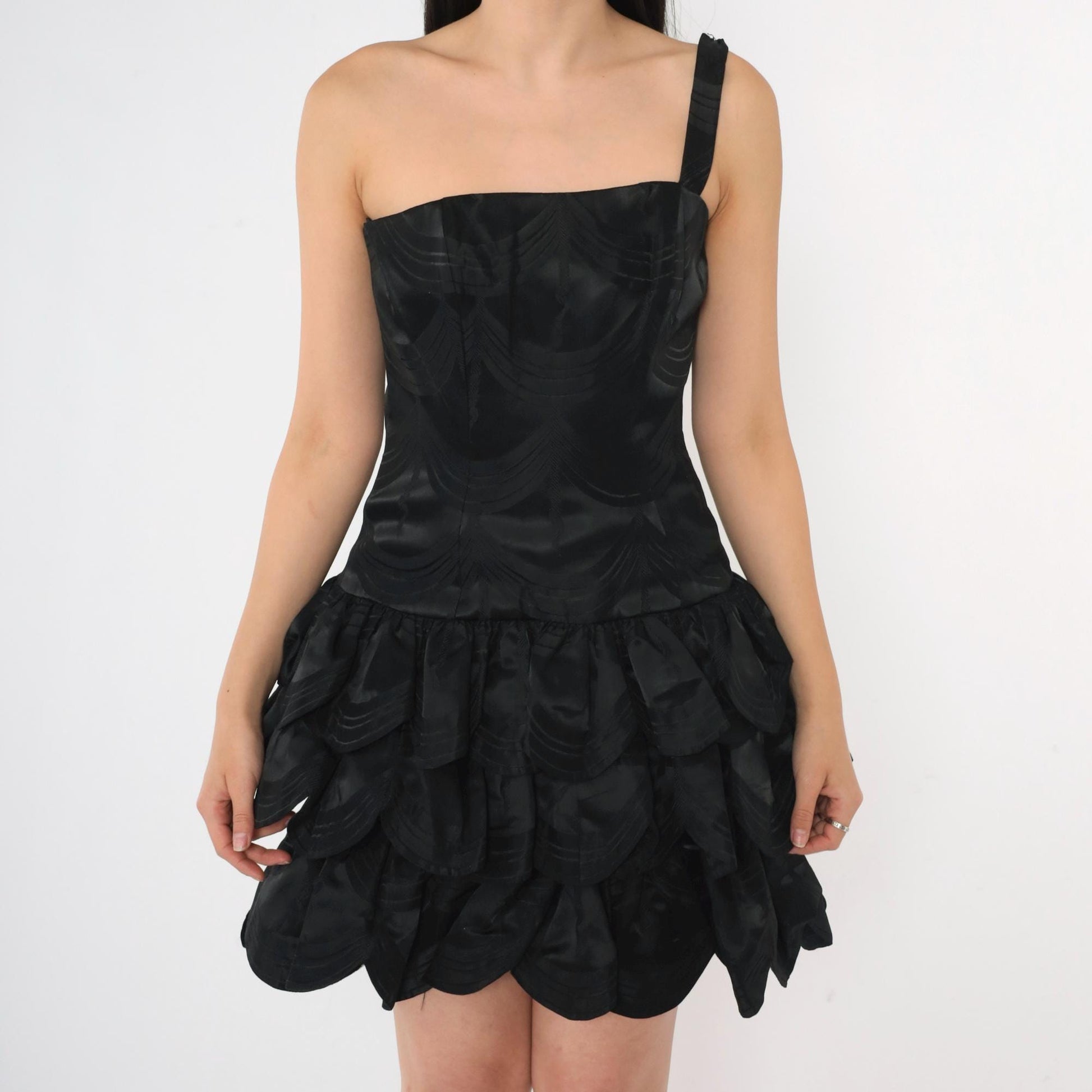 80s Victor Costa Black One Shoulder Mini Dress Size 4 – Shopexile