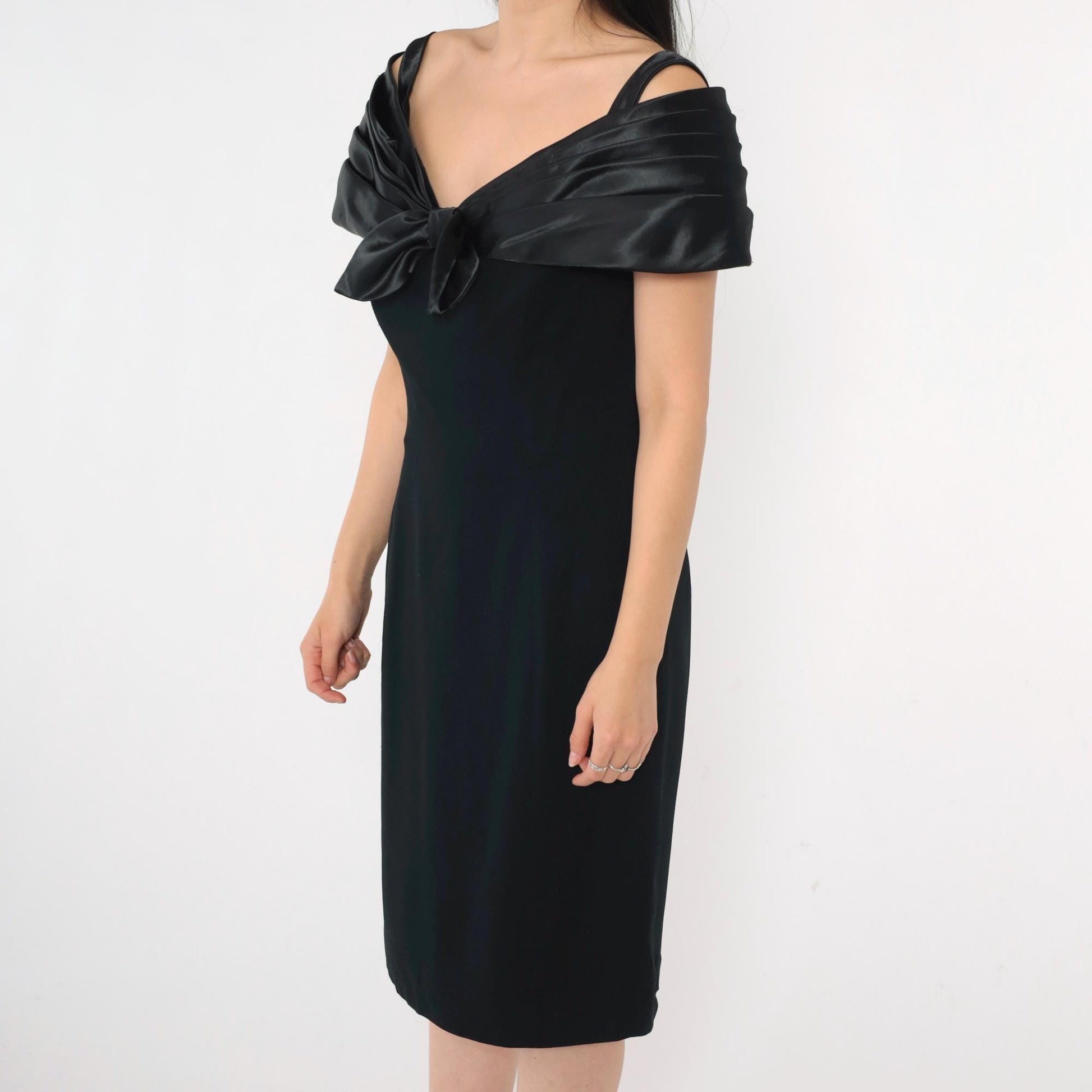 90s Black Off-Shoulder Bow Cocktail Dress Midi Sheath Medium 8