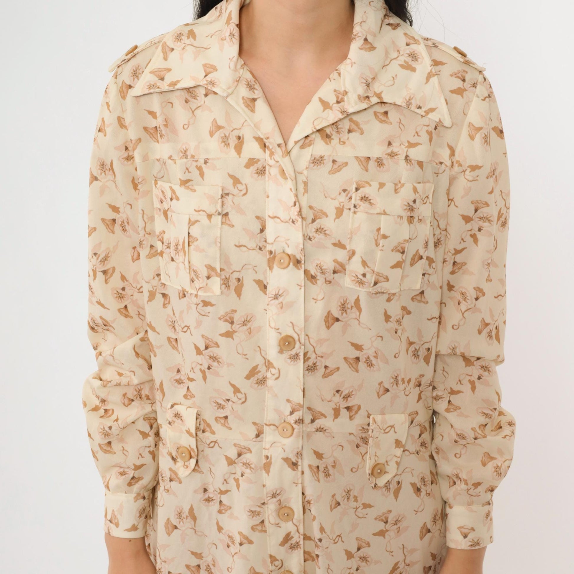 70s Cream Floral Midi Dress Button Up Long Sleeve Dagger Collar Fitted Waist Large