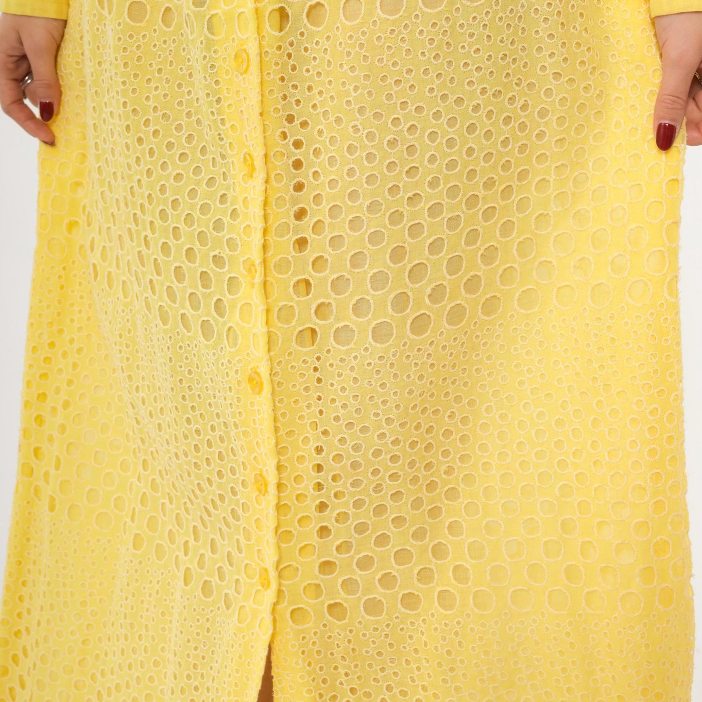 70s Yellow Eyelet Lace Maxi Dress Button-Up High Waist Utility Pockets Small