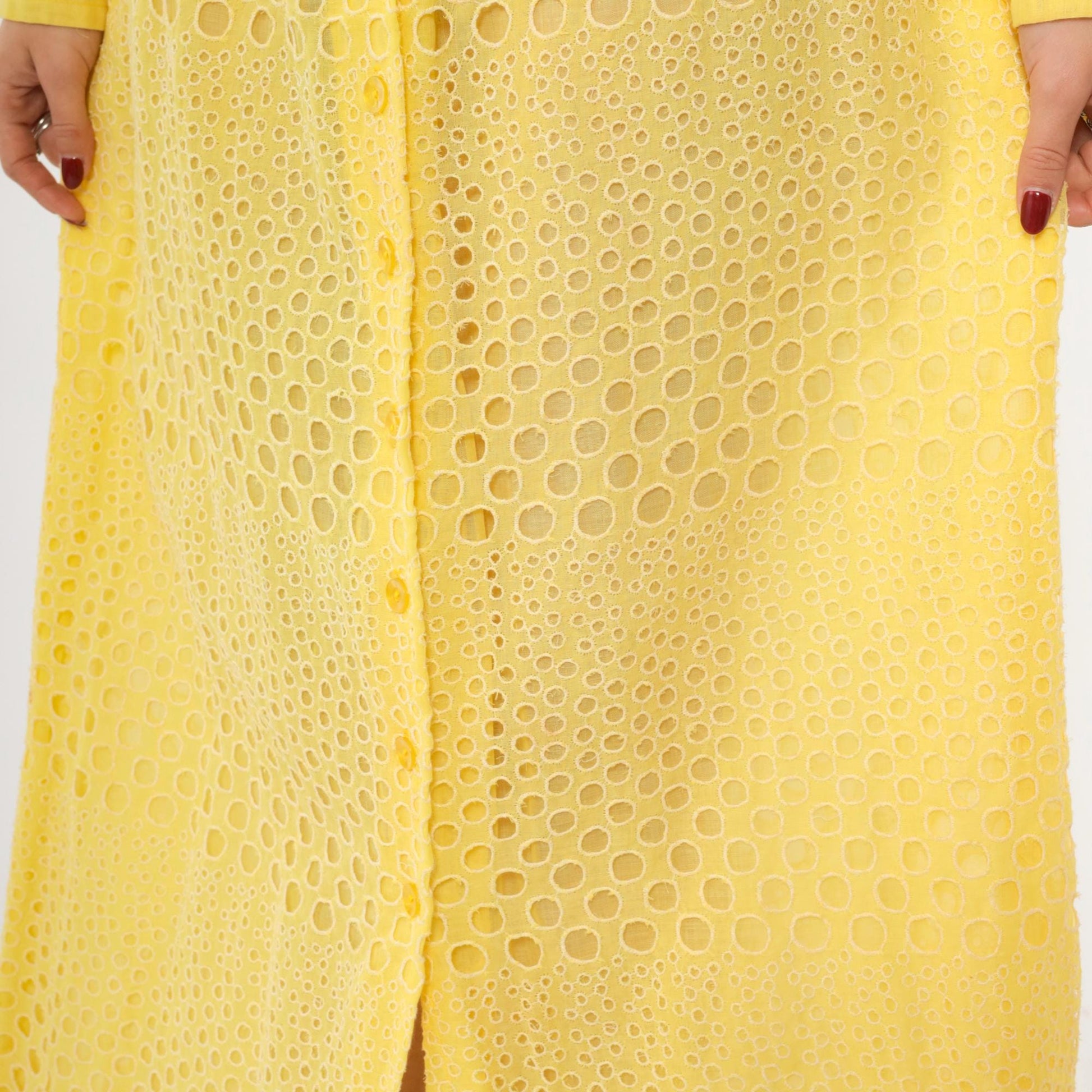 70s Yellow Eyelet Lace Maxi Dress Button-Up High Waist Utility Pockets Small