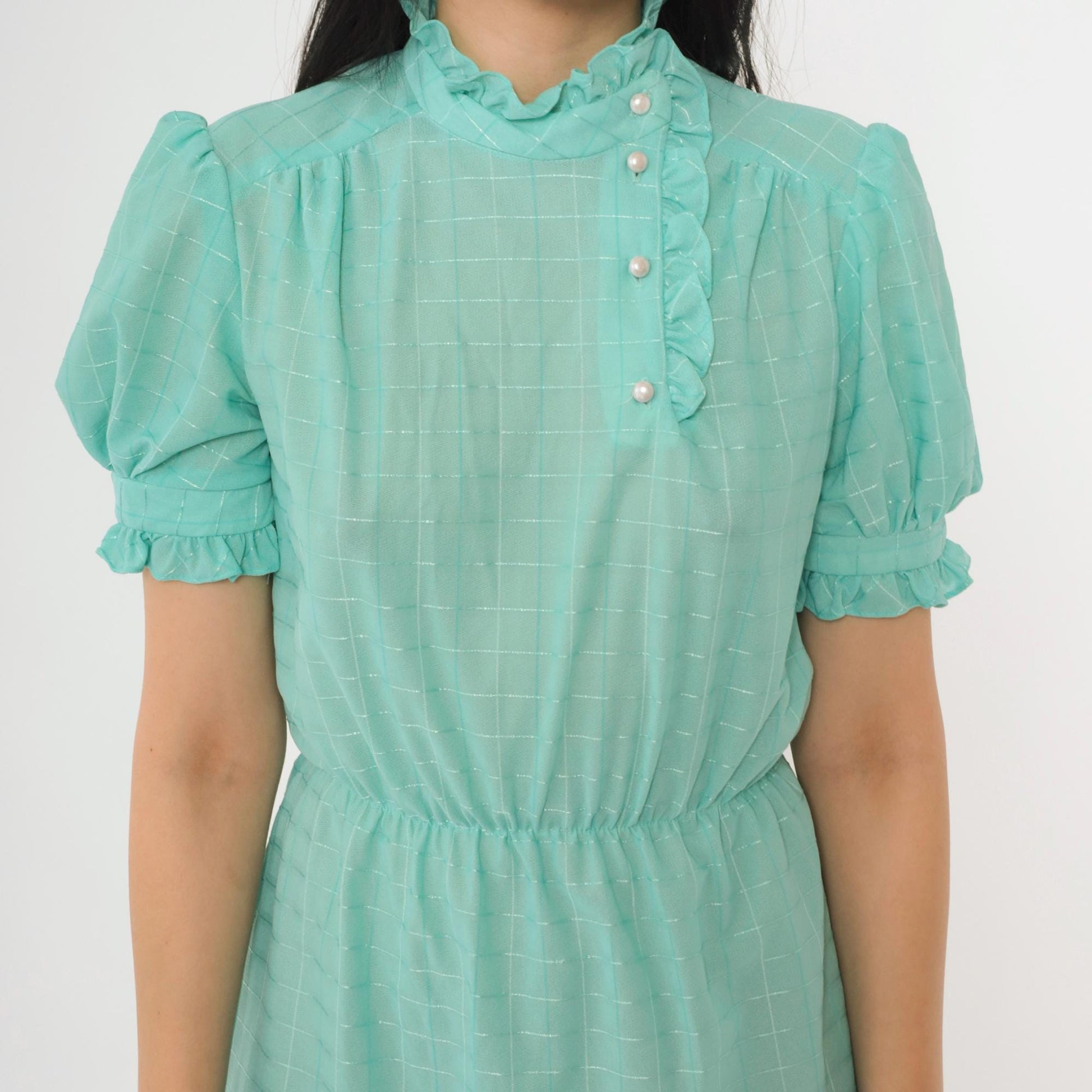 80s Seafoam Checkered Midi Dress Puff Sleeve Button-Up Ruffle Neckline Small