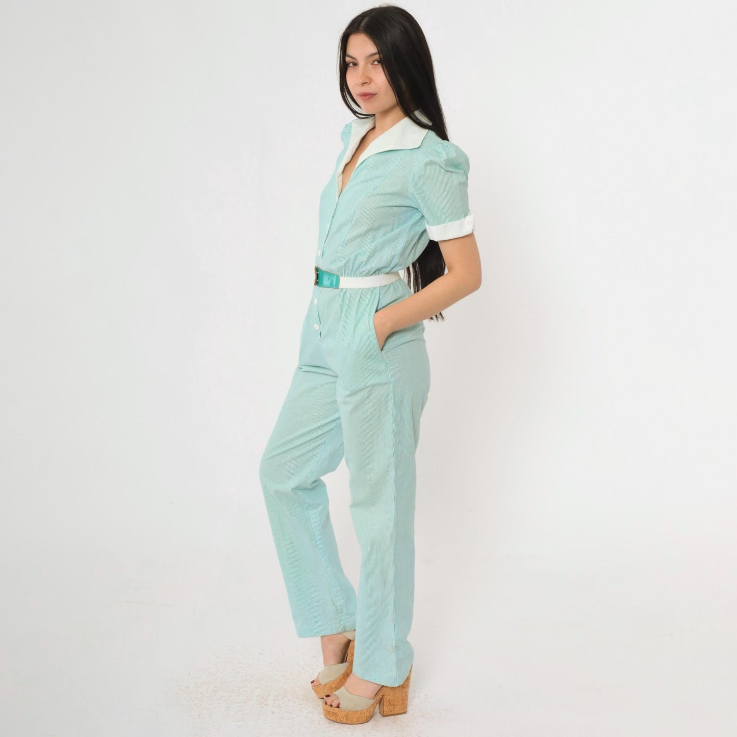 80s Aqua Striped Puff Sleeve Jumpsuit High Waisted Button Up Cotton Extra Small