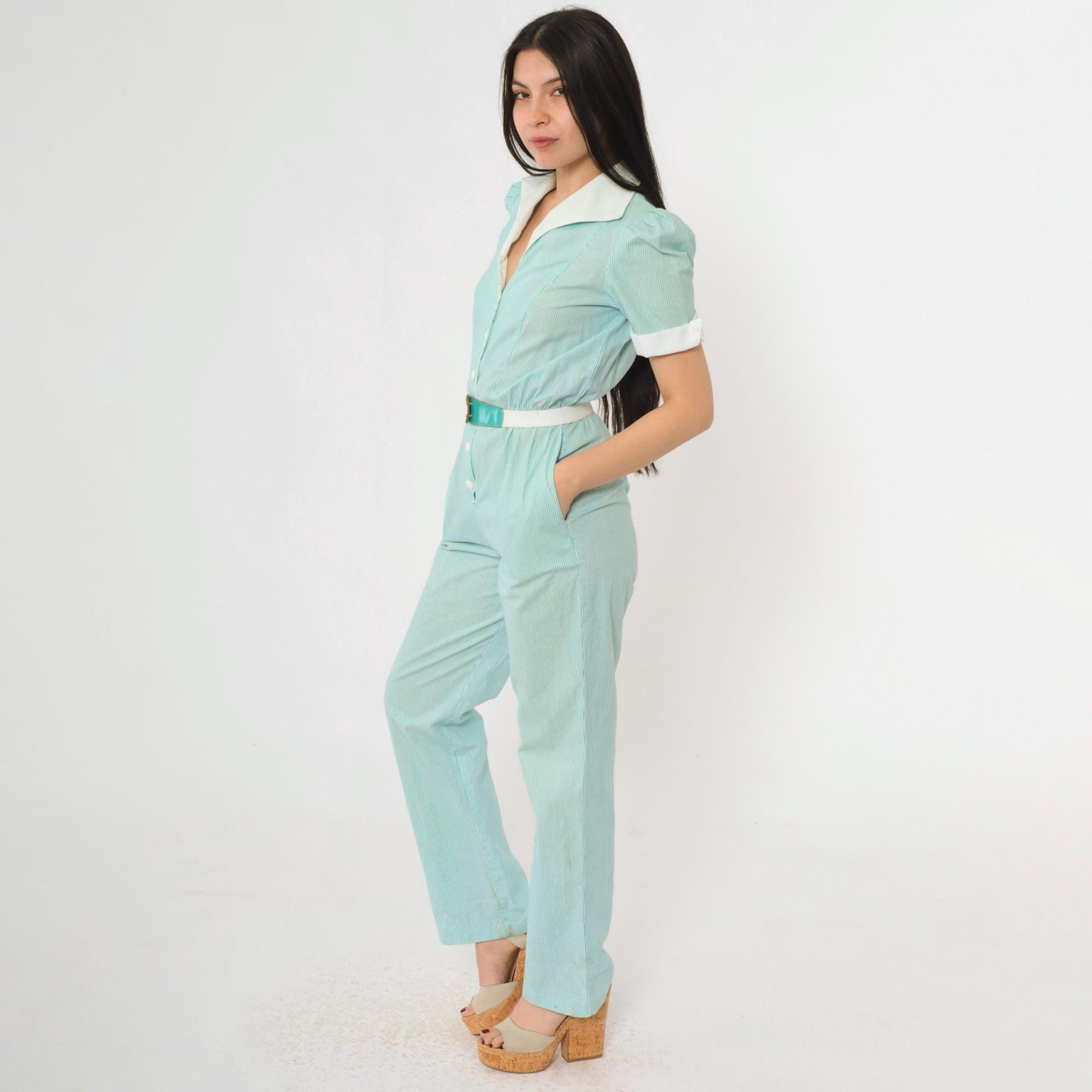 80s Aqua Striped Puff Sleeve Jumpsuit High Waisted Button Up Cotton Extra Small