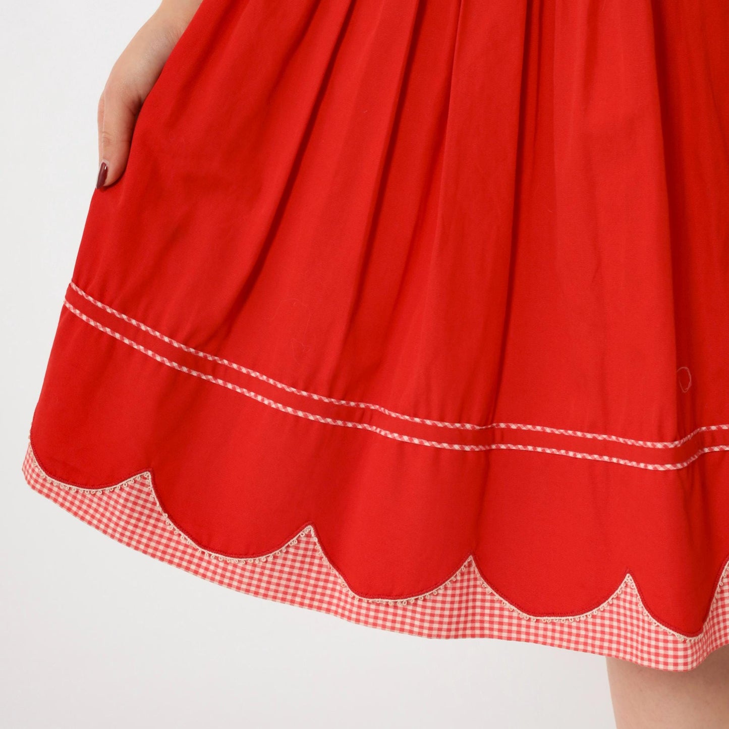 60s Red Pleated Dress Gingham Trim Boatneck Short Sleeve Knee Length Extra Small