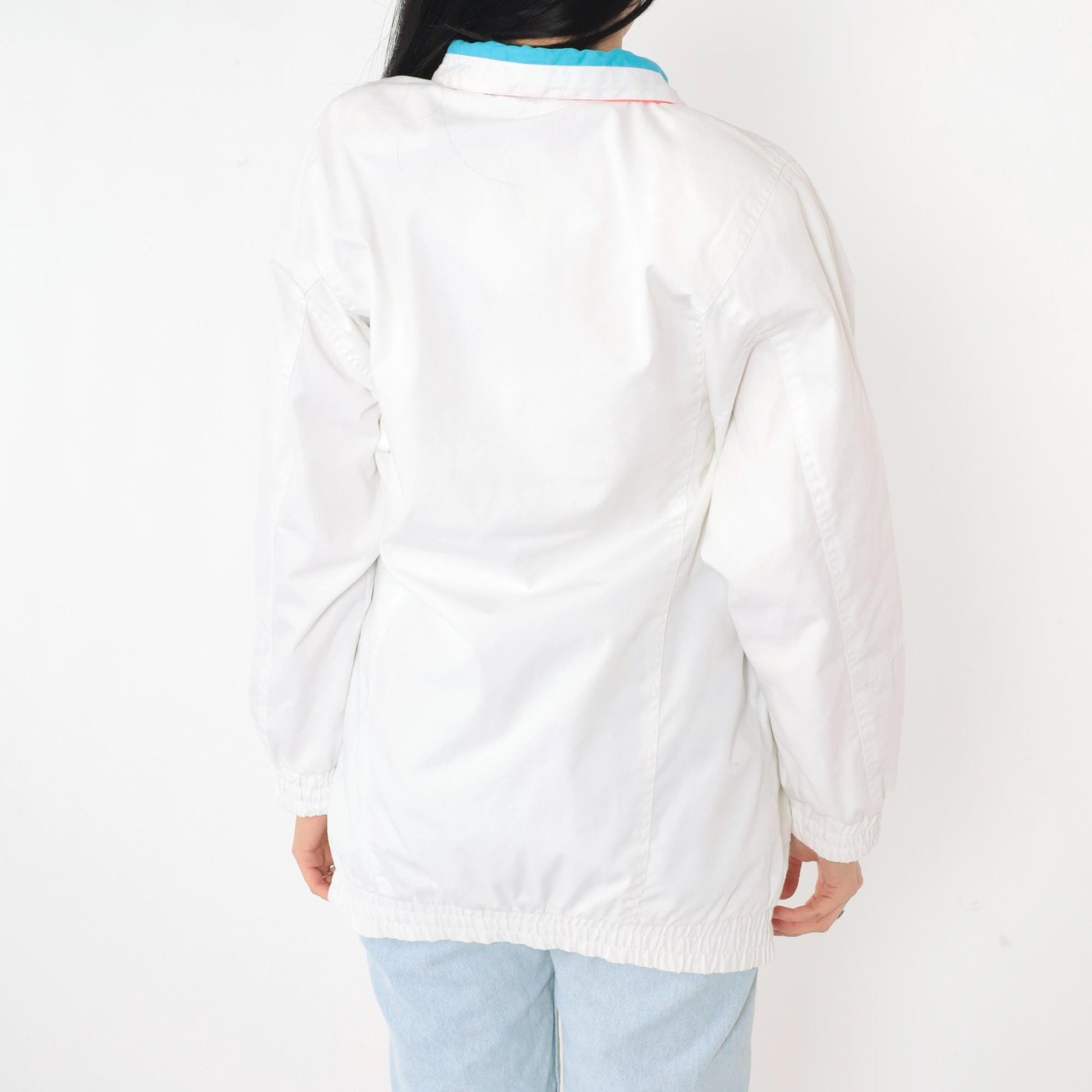 80s White Windbreaker Jacket Snap Zip Blue Coral Trim Small S