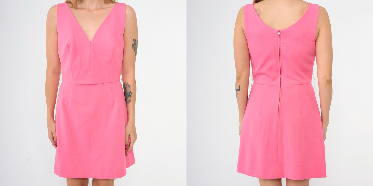 60s Pink Mod Mini Dress Deep V Neck Sleeveless High Waist Small