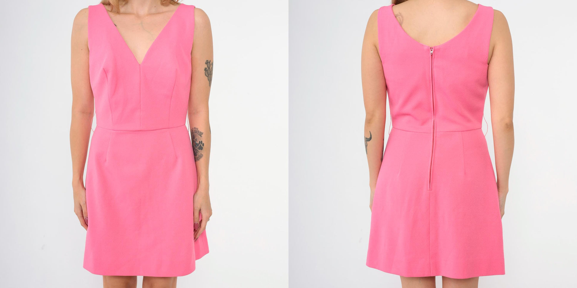 60s Pink Mod Mini Dress Deep V Neck Sleeveless High Waist Small