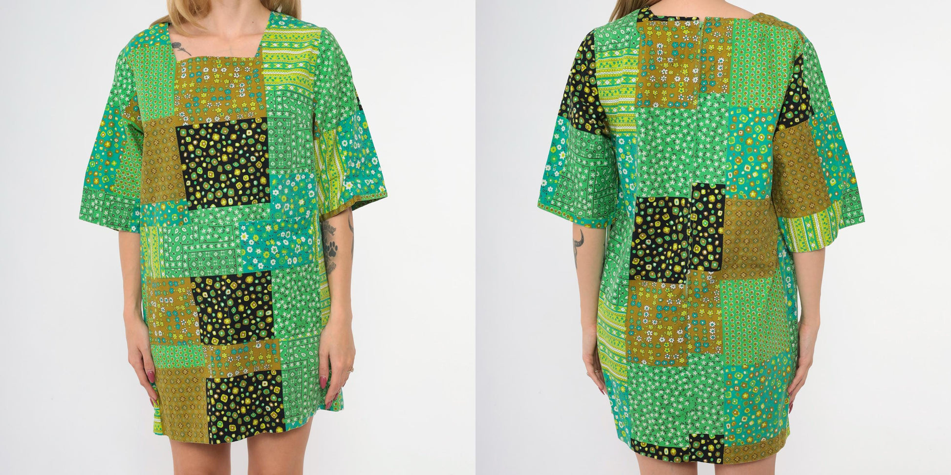 70s Patchwork Floral Mini Dress Green Calico Shift Half Sleeve Medium M