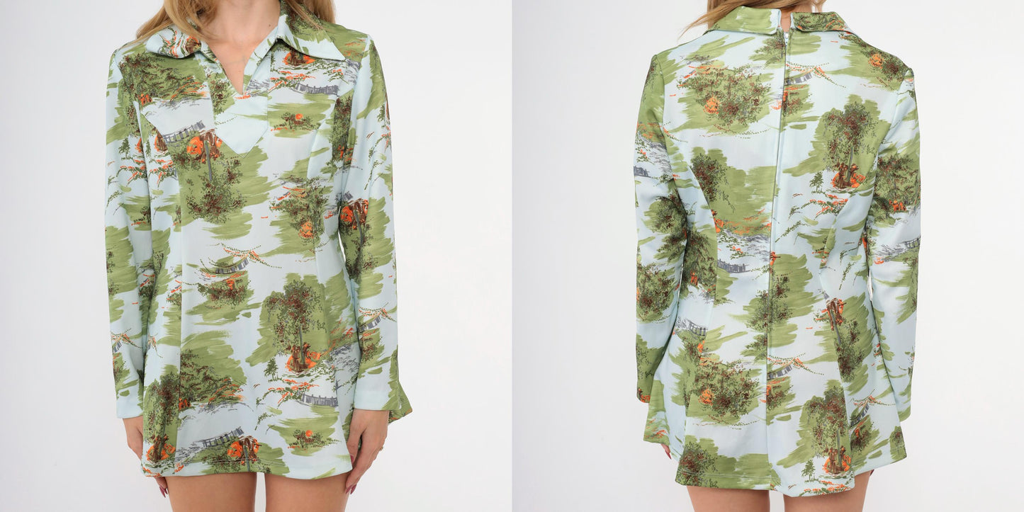 70s Country Print Blouse Dagger Collar V Neck Long Sleeve Blue Medium