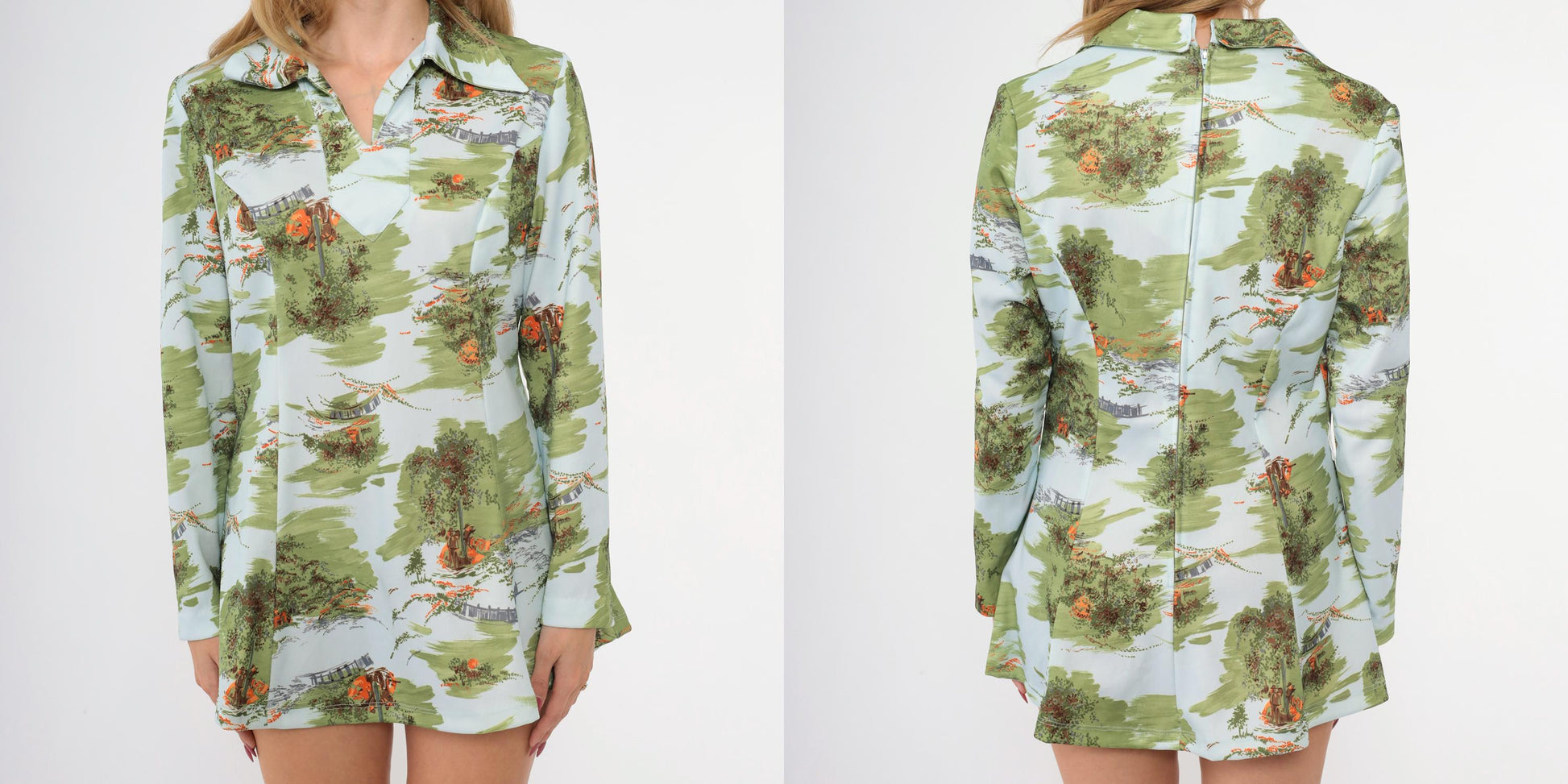 70s Country Print Blouse Dagger Collar V Neck Long Sleeve Blue Medium