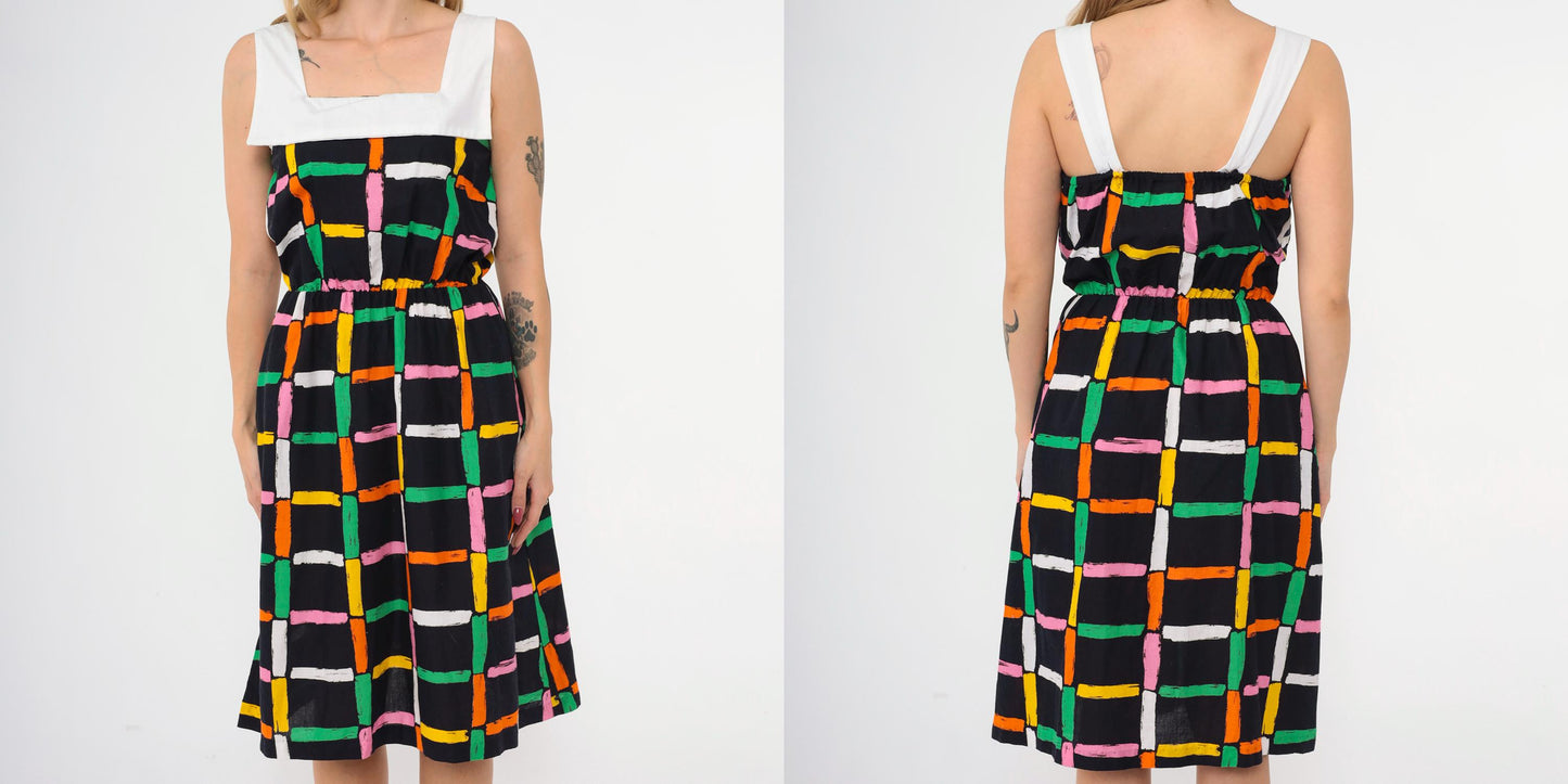 80s Black Checkered Midi Dress Sailor Collar High Waist Sleeveless Small