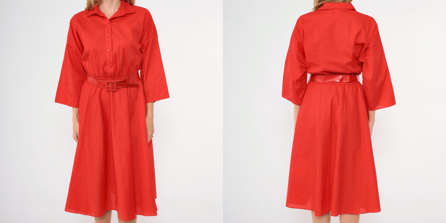 80s Red Button-Up Midi Shirtdress High Waisted 3/4 Sleeve Medium