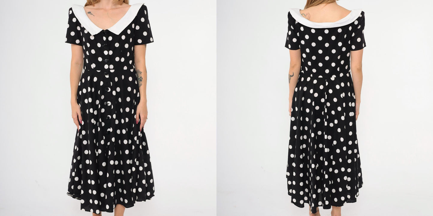 80s Black White Polka Dot Midi Shirtdress High Waist Button Up Cotton Medium