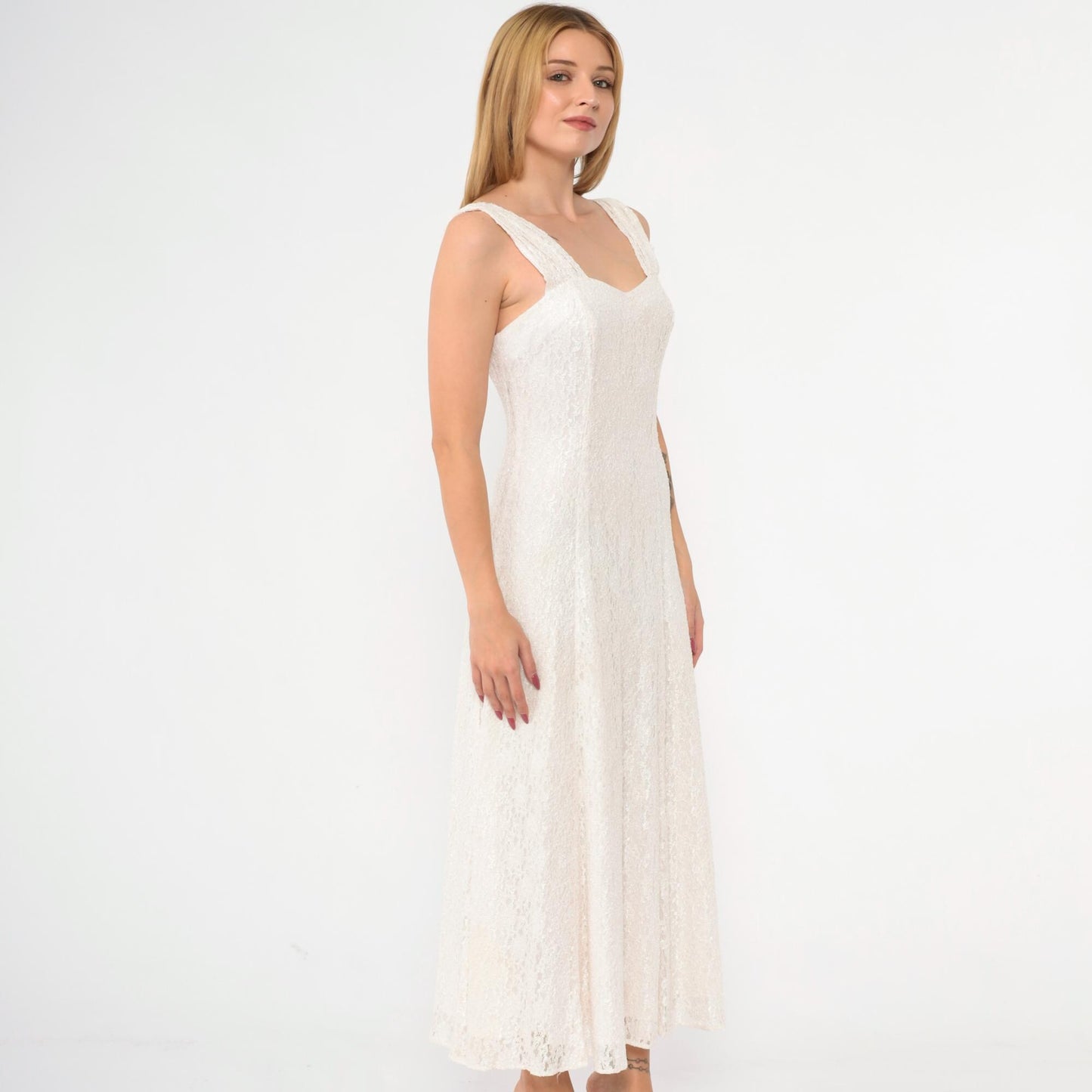 90s White Lace Maxi Dress Sweetheart Neckline Ankle Length Small
