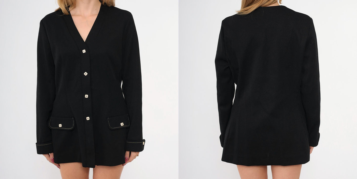 70s Black Polyester Blazer Button-Up Jacket V-Neck Mod Disco Medium Large