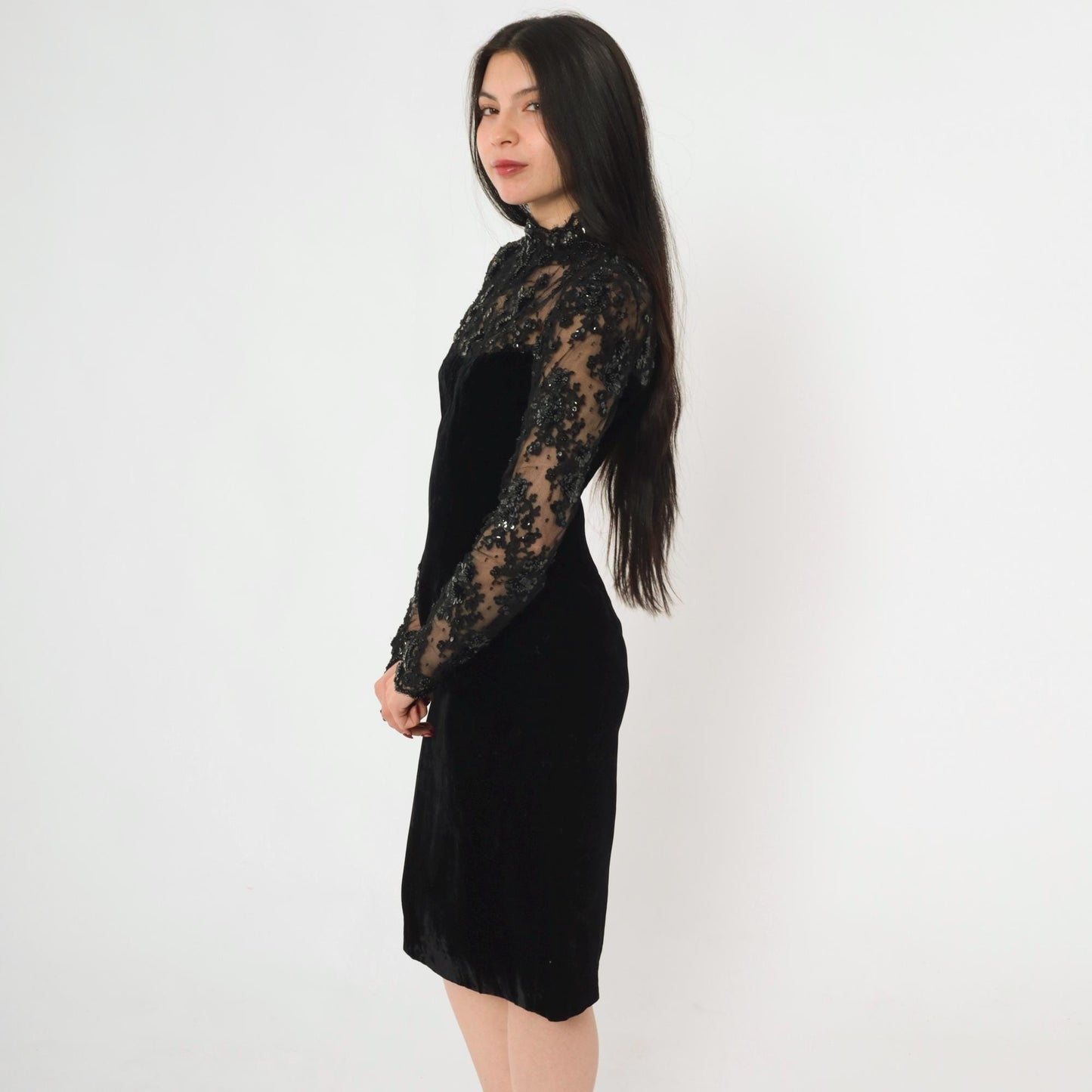 80s Oscar de la Renta Black Velvet Cocktail Dress Illusion Neckline Small