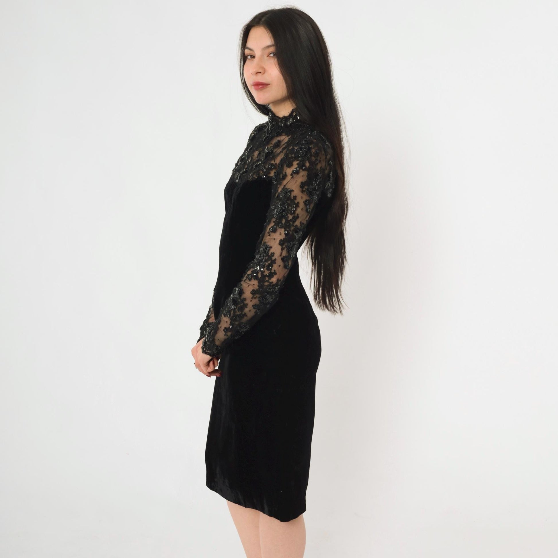 80s Oscar de la Renta Black Velvet Cocktail Dress Illusion Neckline Small