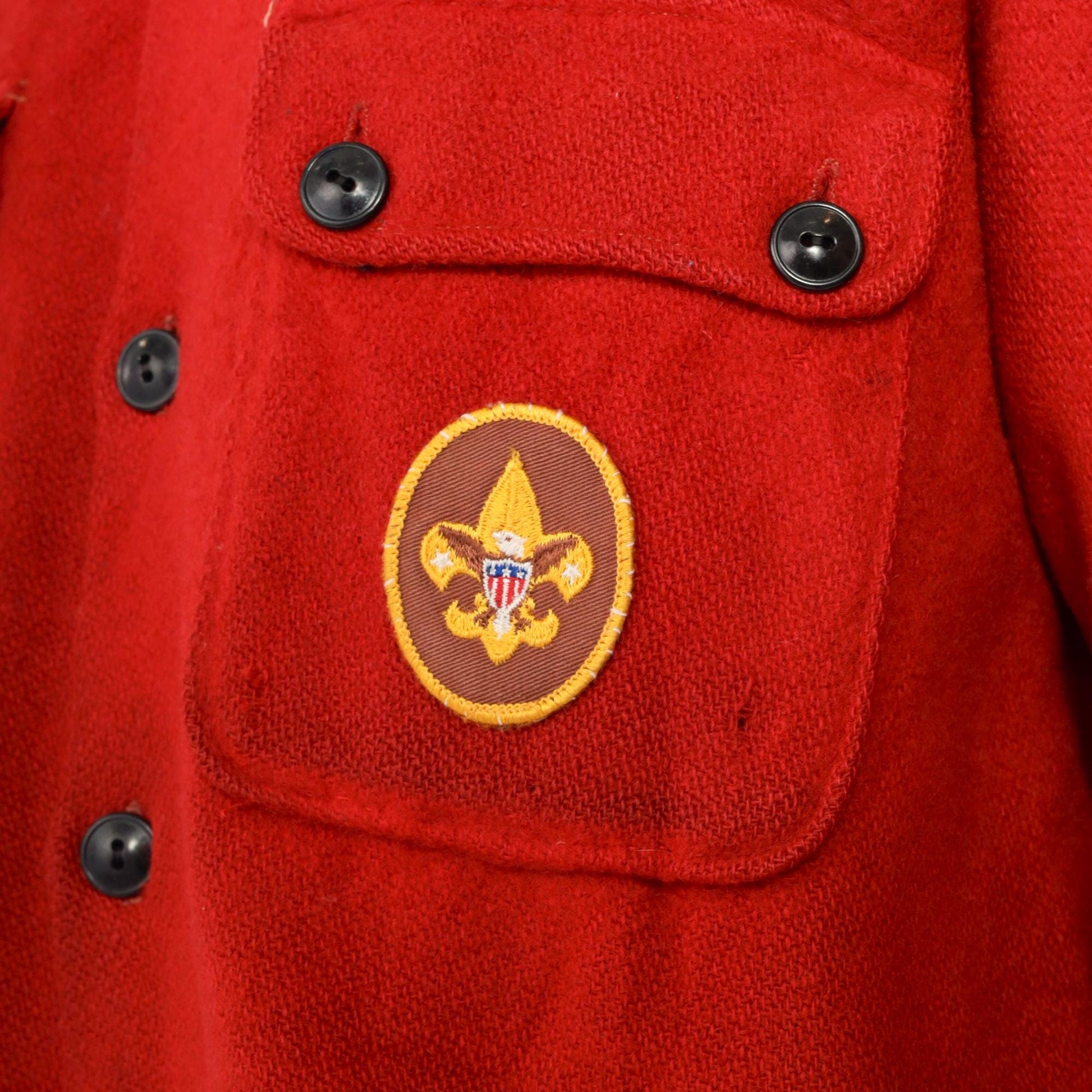 70s Boy Scouts of America Red Wool Button-Up Shirt Fleur De Lis Patch Large L