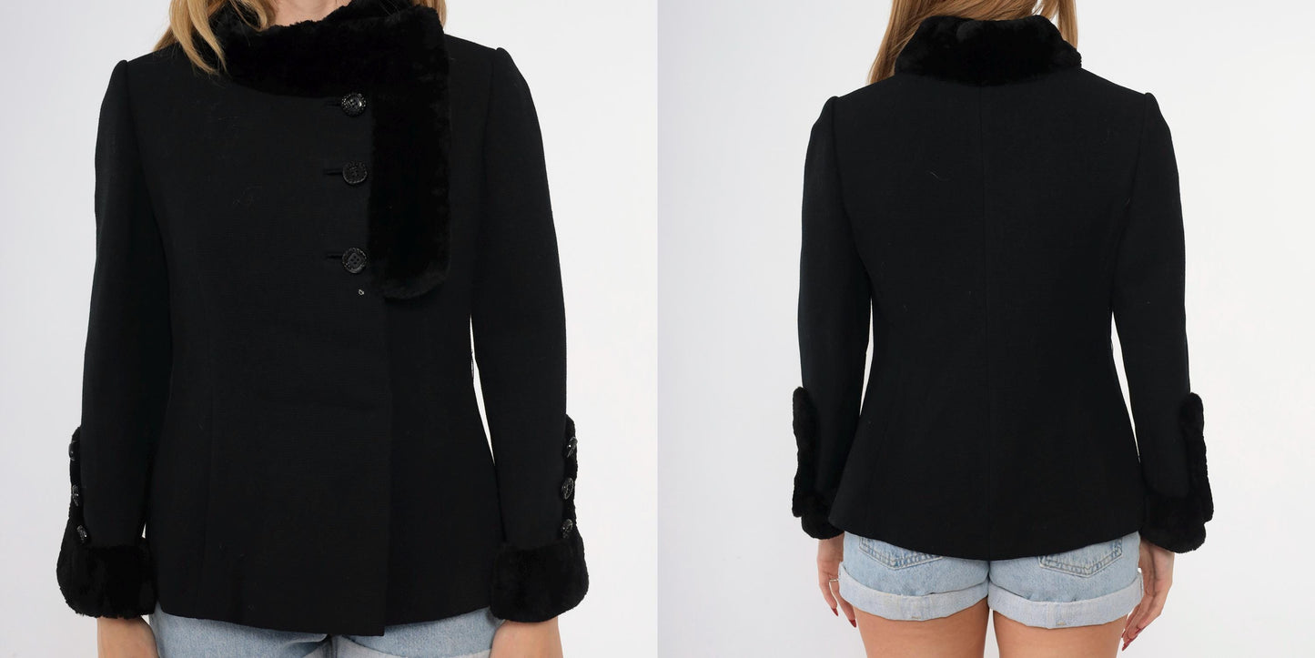 60s Black Faux Fur Trim Jacket Asymmetrical Button Mod Coat Extra Small