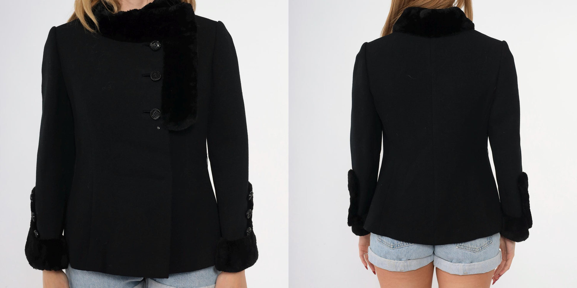60s Black Faux Fur Trim Jacket Asymmetrical Button Mod Coat Extra Small