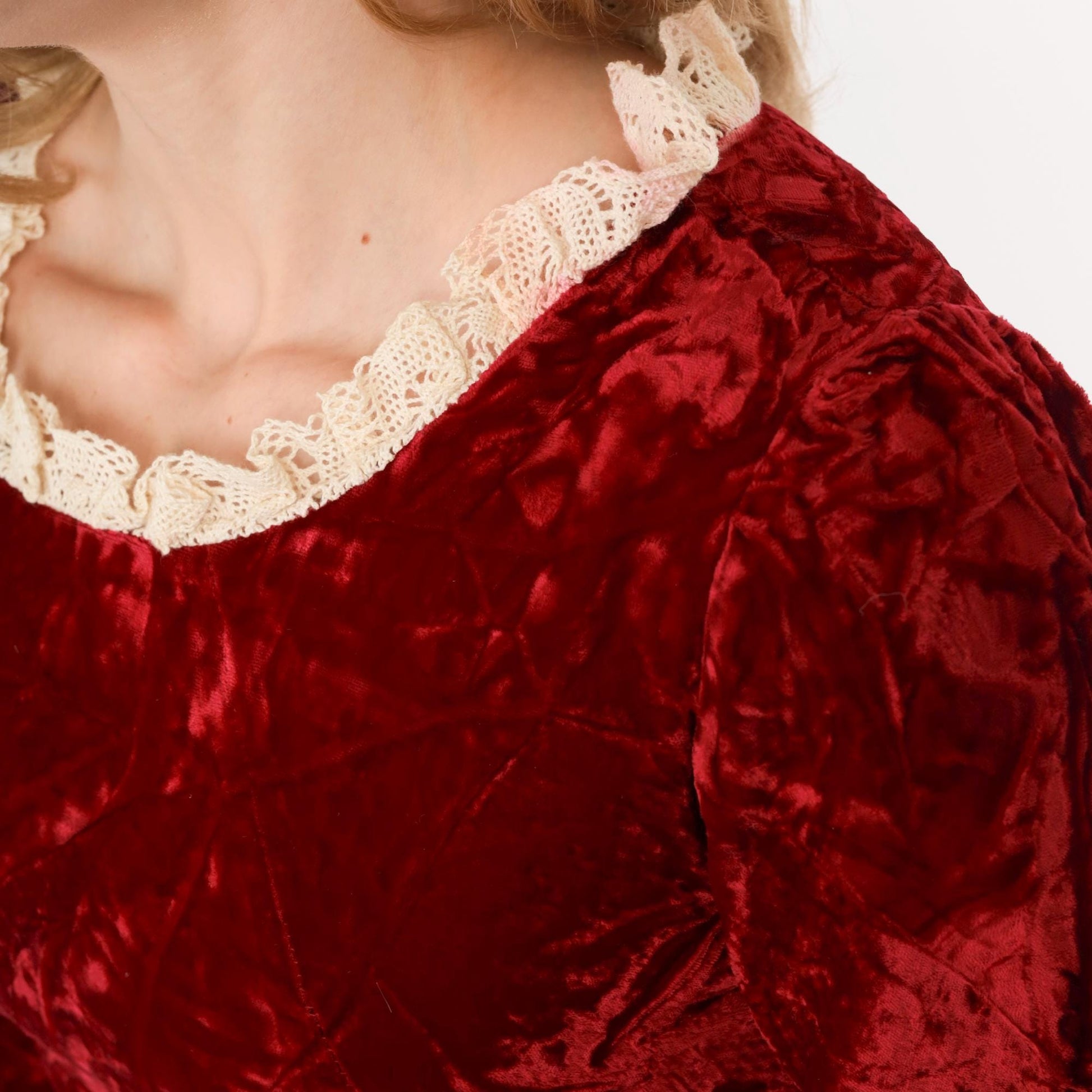 60s Red Velvet Crop Top Lace Trim Puff Sleeve Blouse Extra Small